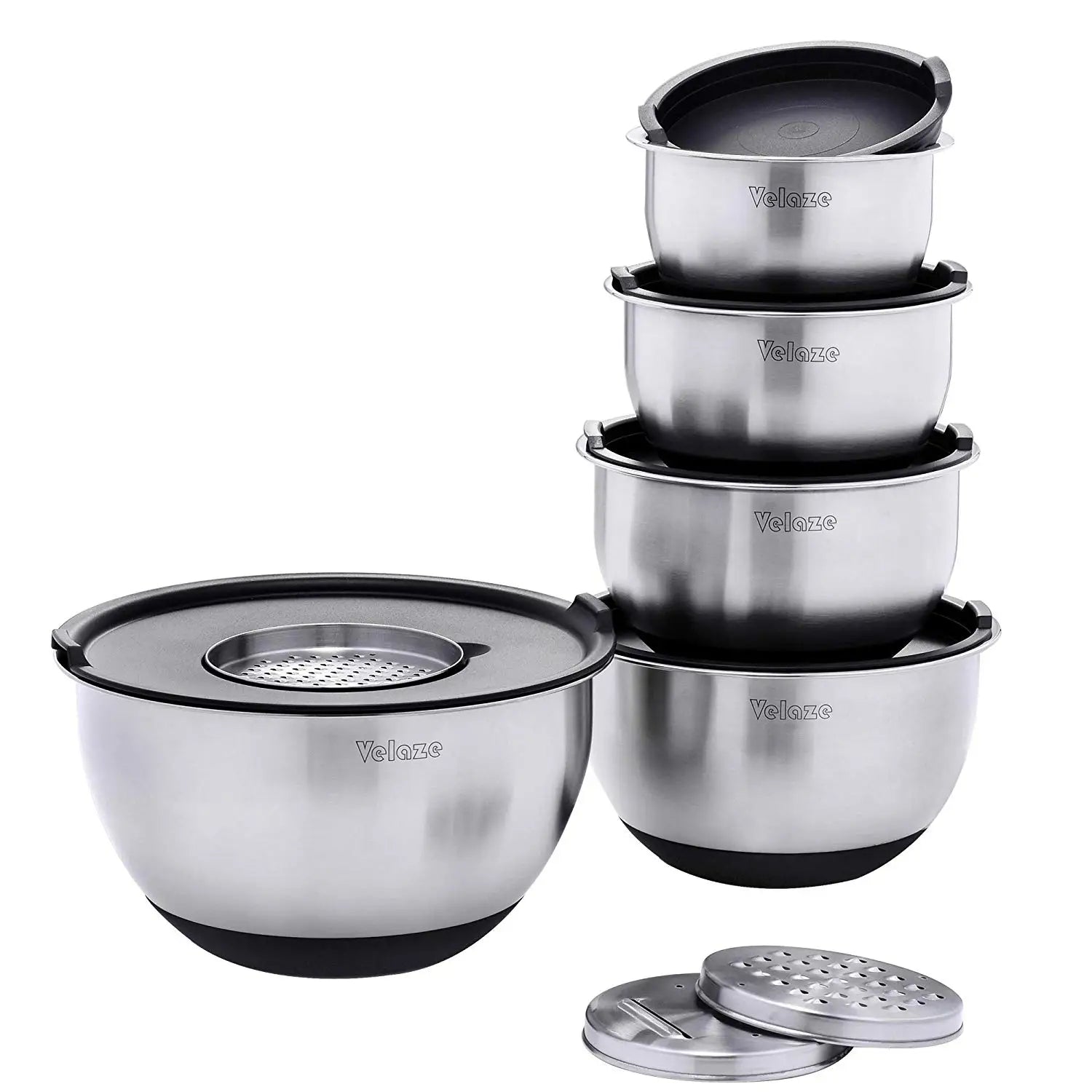 VELAZE Stainless Steel Mixing Bowl Set with Graters and Lids - Non-Slip, Stackable, Versatile Kitchen Bowls