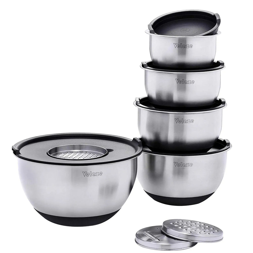 VELAZE Stainless Steel Mixing Bowl Set with Graters and Lids - Non-Slip, Stackable, Versatile Kitchen Bowls