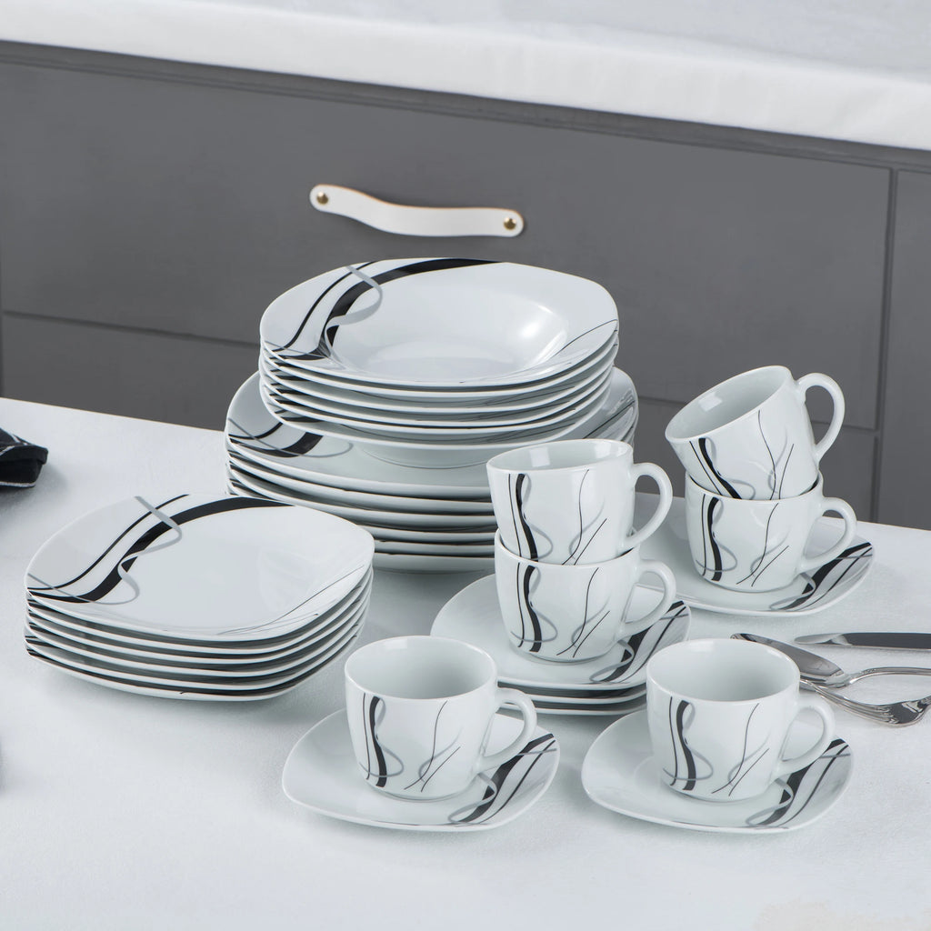 VEWEET Fiona Porcelain Dinnerware Set – 30/60 Pieces, Gray & Black Lines