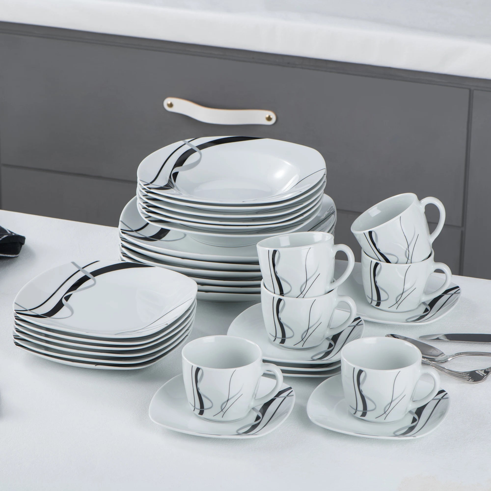 VEWEET Fiona Porcelain Dinnerware Set – 30/60 Pieces, Gray & Black Lines
