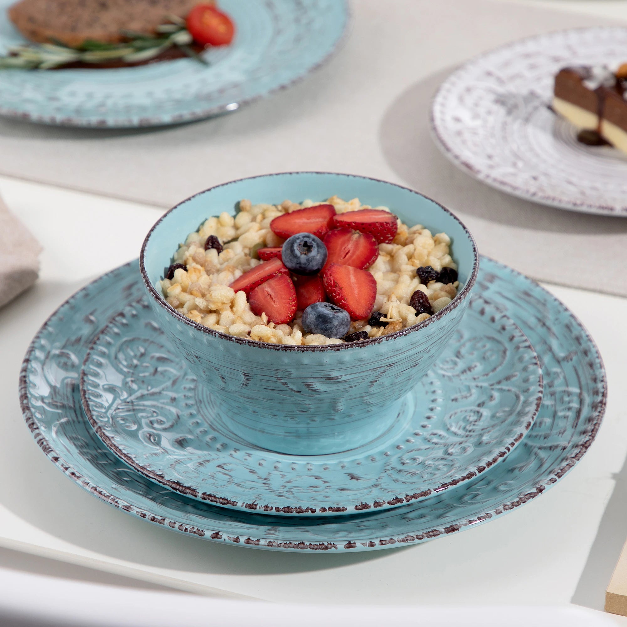 VANCASSO VINE Embossed Stoneware Dinnerware Set – 16/32/48 Pieces, Beige & Blue-Green