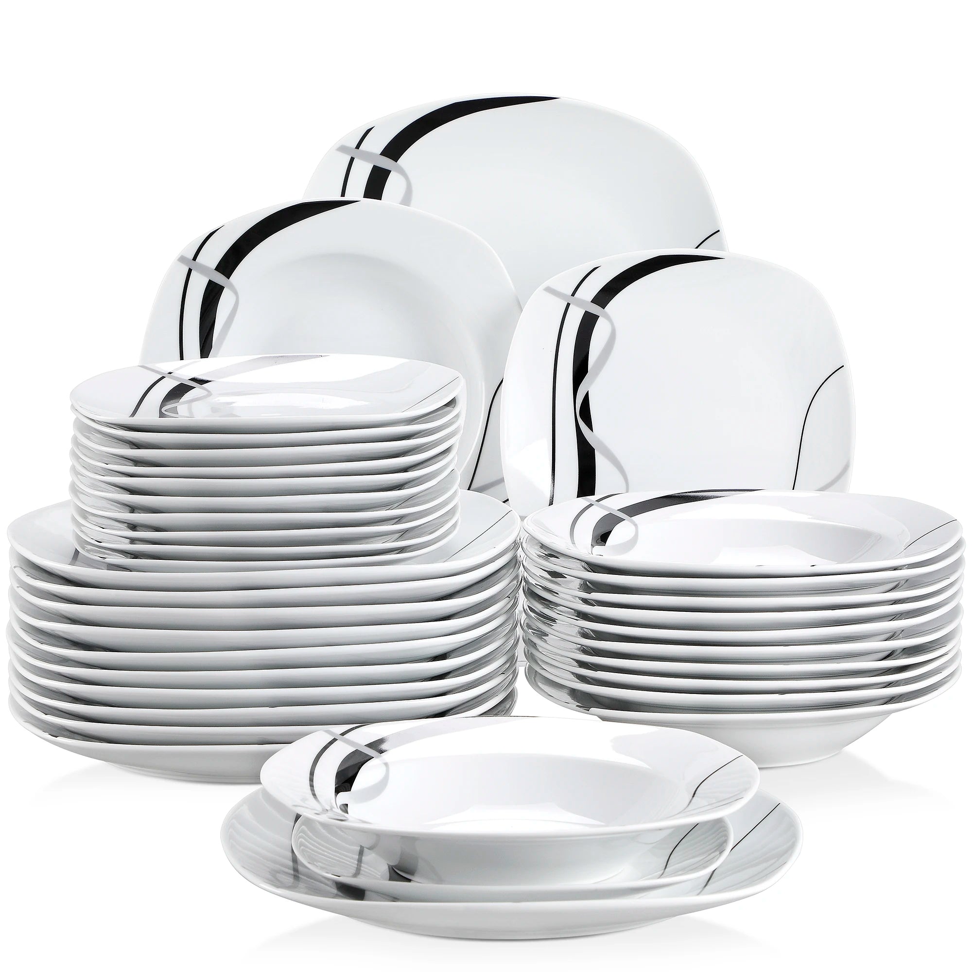 VEWEET Fiona Porcelain Dinnerware Set – 18/36 Pieces, Gray & Black Lines