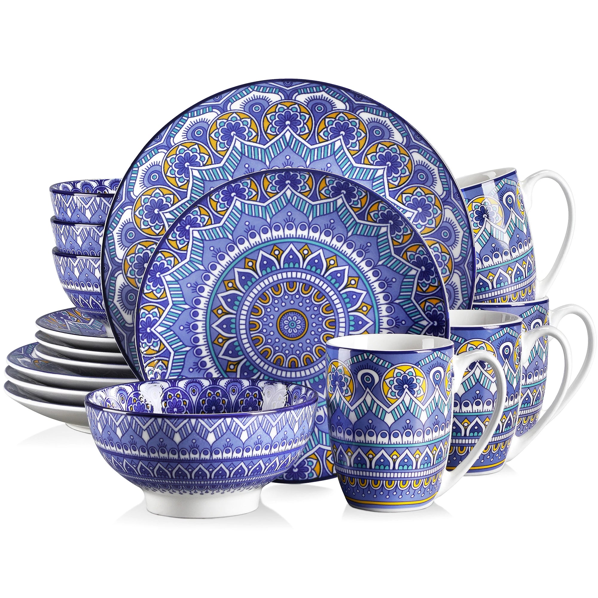 Blue and white ceramic dinnerware set with mandala patterns on a white background