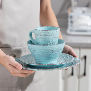 VANCASSO VINE Embossed Stoneware Dinnerware Set – 16/32/48 Pieces, Beige & Blue-Green