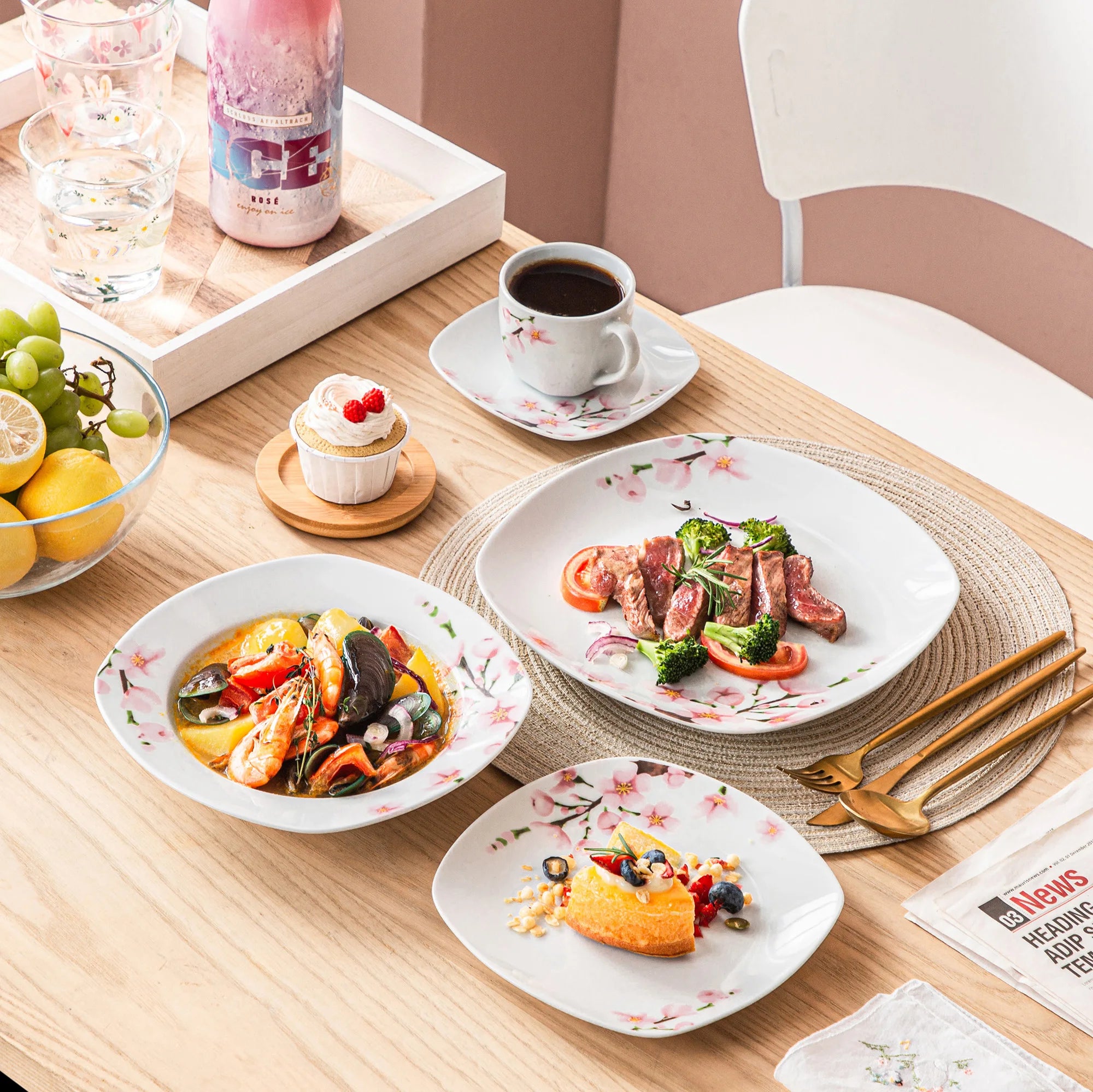 VEWEET Annie 30-Piece Porcelain Dinnerware Set – Pink Floral, Service for 6