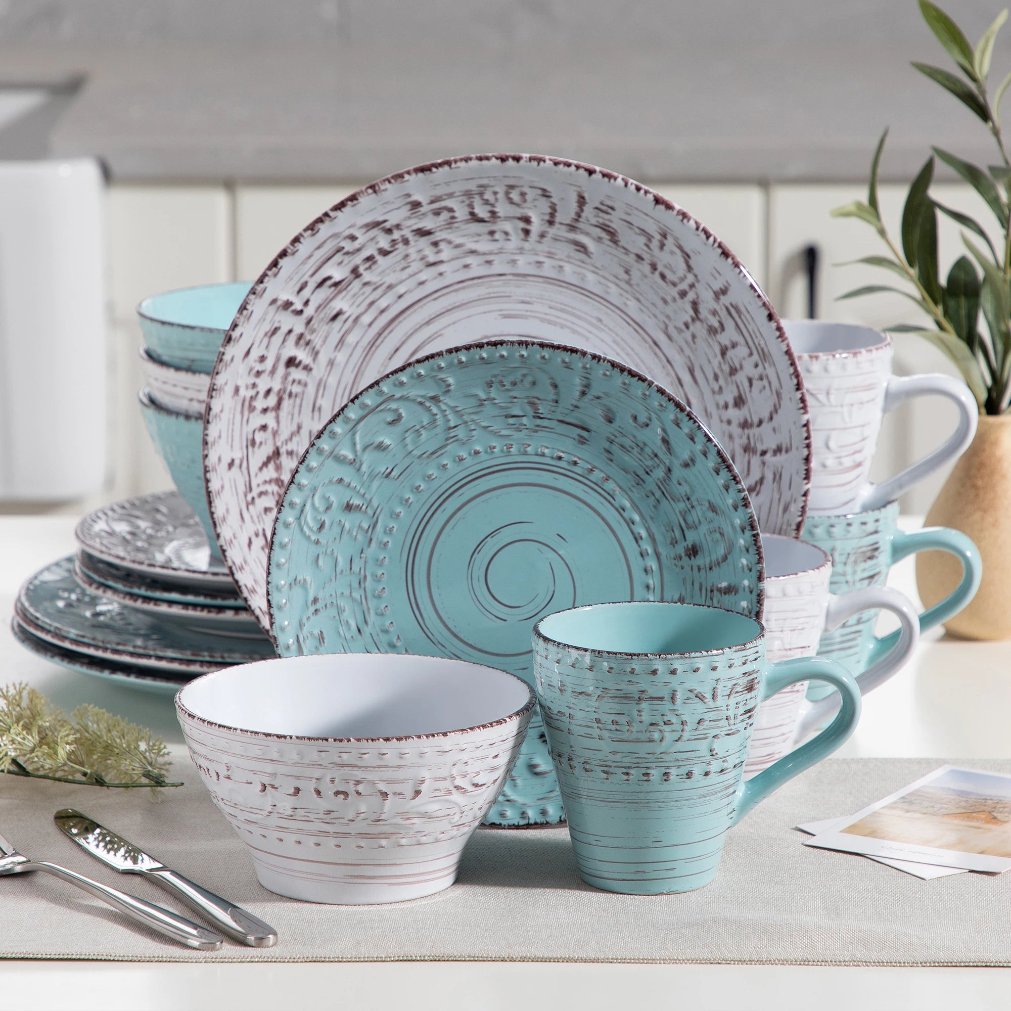 VANCASSO VINE Embossed Stoneware Dinnerware Set – 16/32/48 Pieces, Beige & Blue-Green