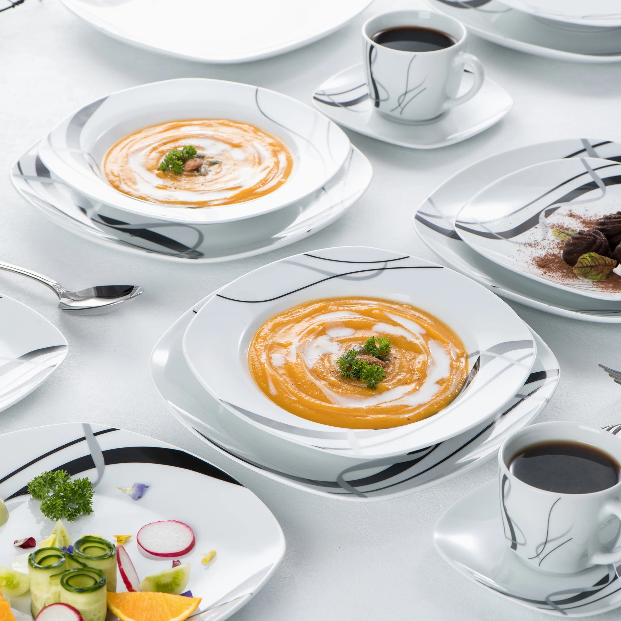 VEWEET Fiona Porcelain Dinnerware Set – 30/60 Pieces, Gray & Black Lines