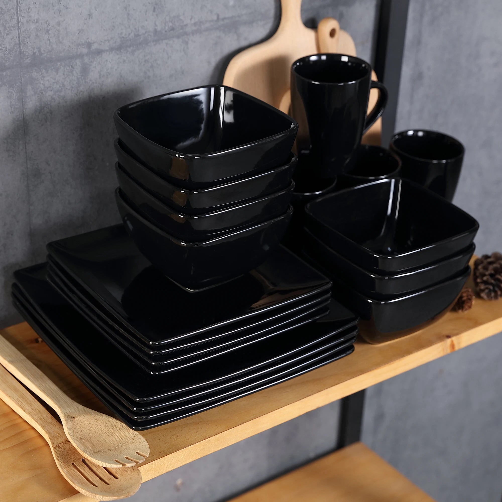 Vancasso SOHO Series Square Black Dinnerware Set with Mugs – 16, 32, or 48 Pieces