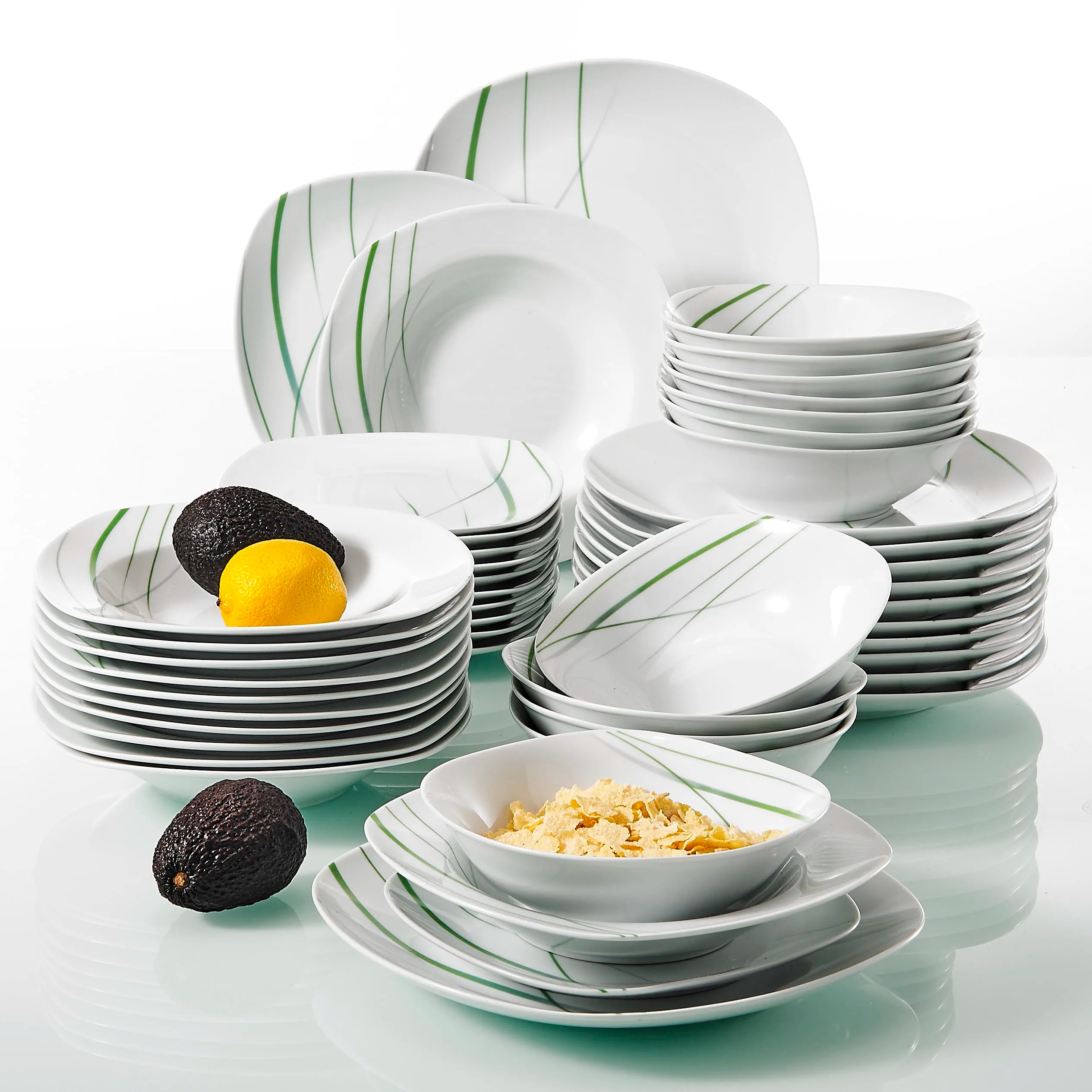 VEWEET Aviva Green Stripe Square Porcelain Dinnerware Set – 24/48 Pieces