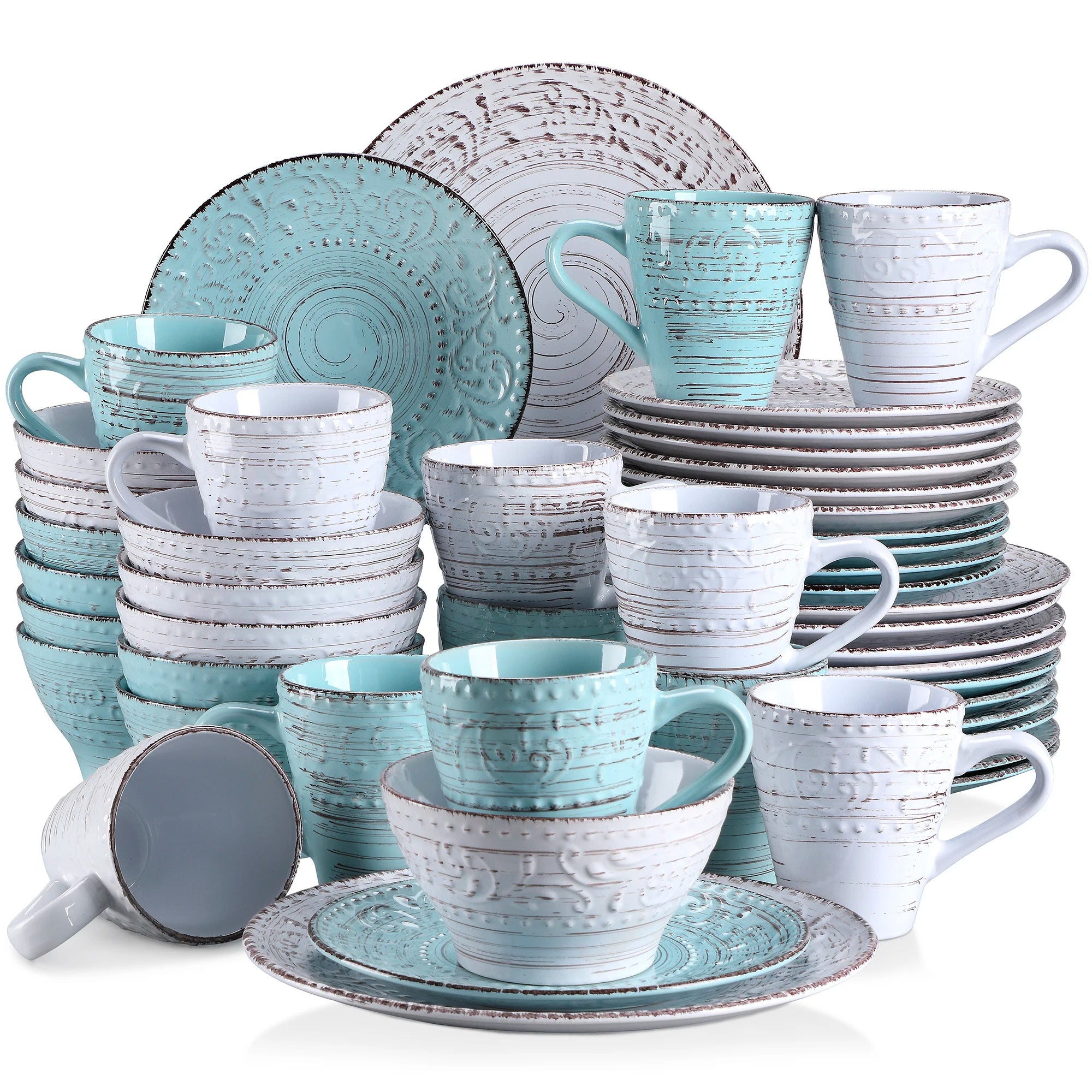 VANCASSO VINE Embossed Stoneware Dinnerware Set – 16/32/48 Pieces, Beige & Blue-Green