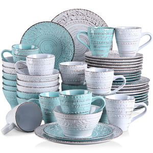 VANCASSO VINE Embossed Stoneware Dinnerware Set – 16/32/48 Pieces, Beige & Blue-Green