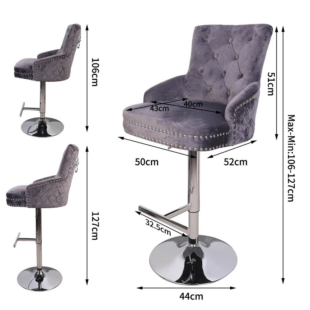Gray bar stool with dimensions on a white background