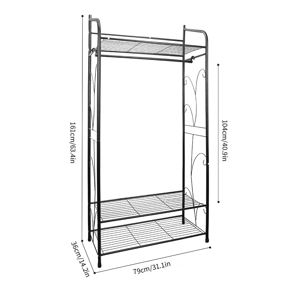 Black metal shelving unit with dimensions on a white background