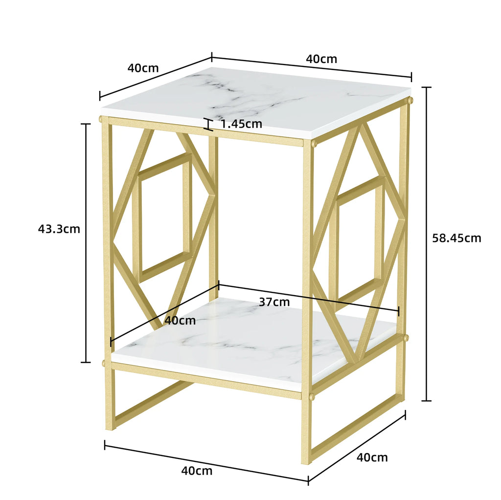 Gold-framed side table with white marble top and bottom, showing dimensions on a white background.