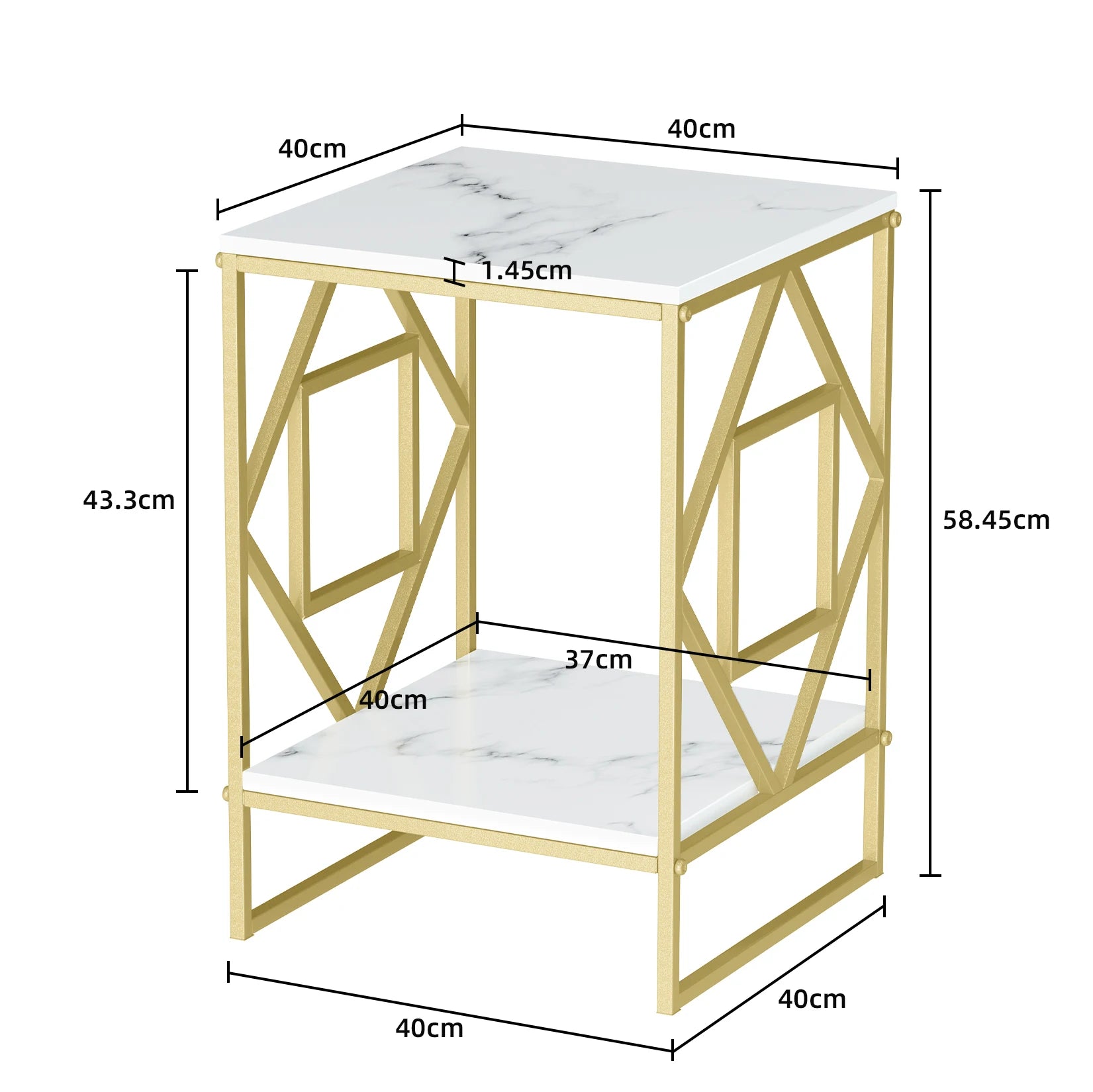 Gold-framed side table with white marble top and bottom, showing dimensions on a white background.