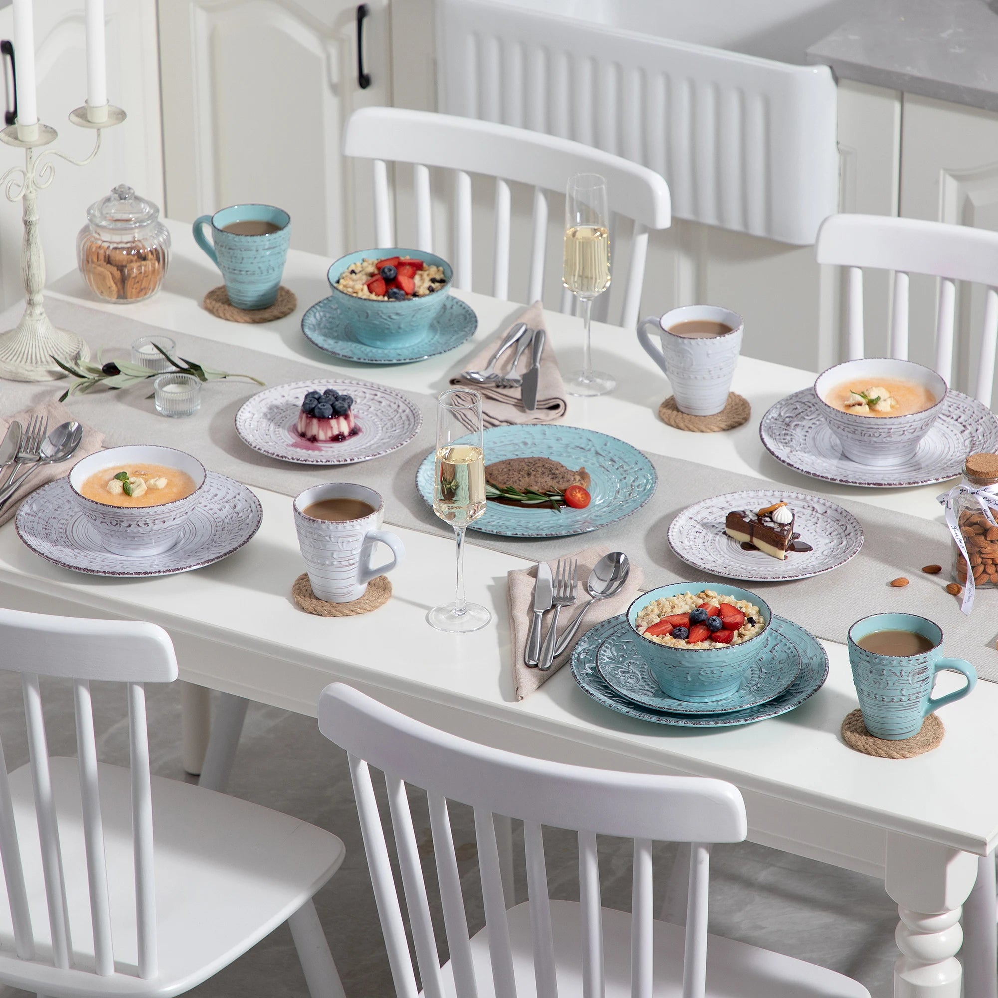 VANCASSO VINE Embossed Stoneware Dinnerware Set – 16/32/48 Pieces, Beige & Blue-Green