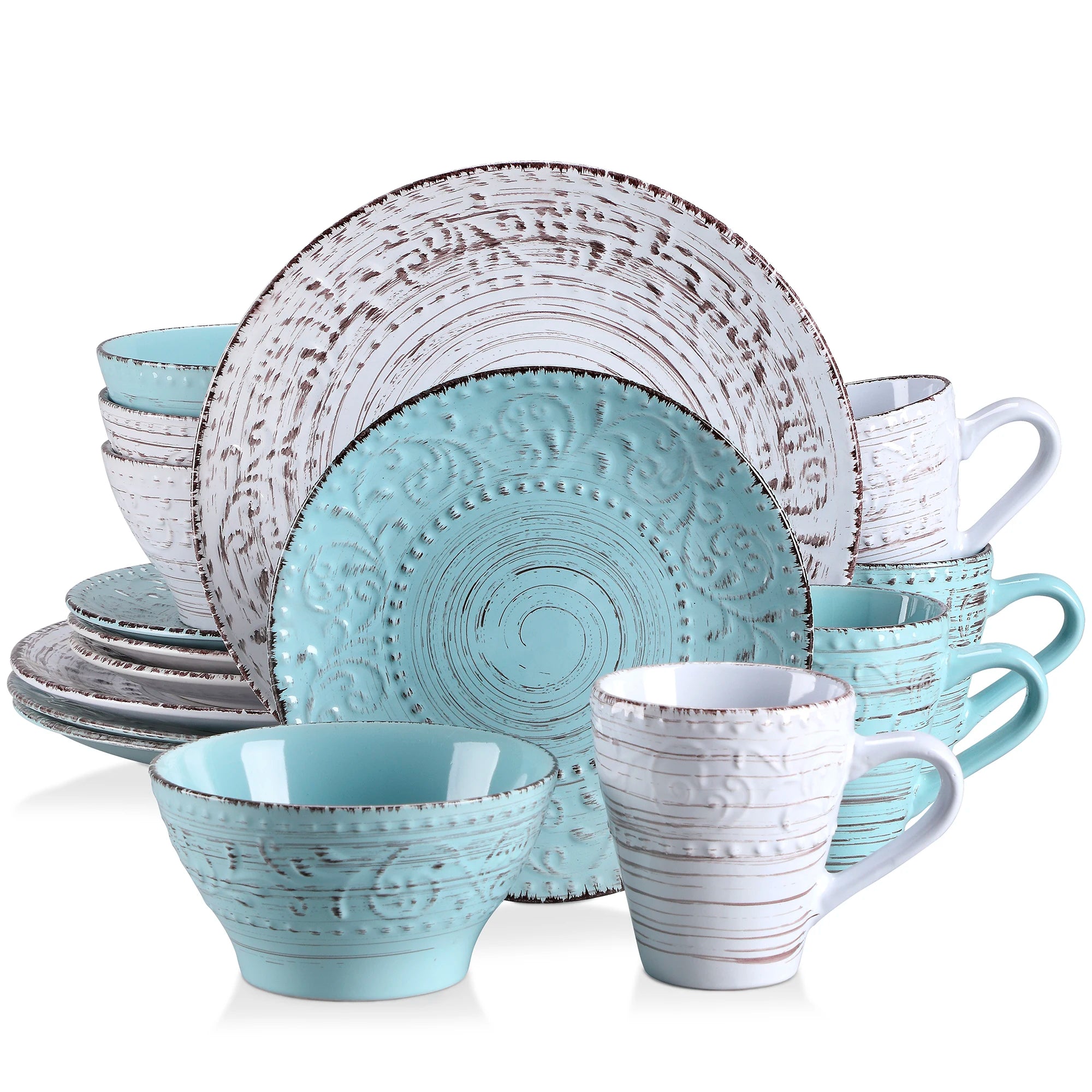 VANCASSO VINE Embossed Stoneware Dinnerware Set – 16/32/48 Pieces, Beige & Blue-Green