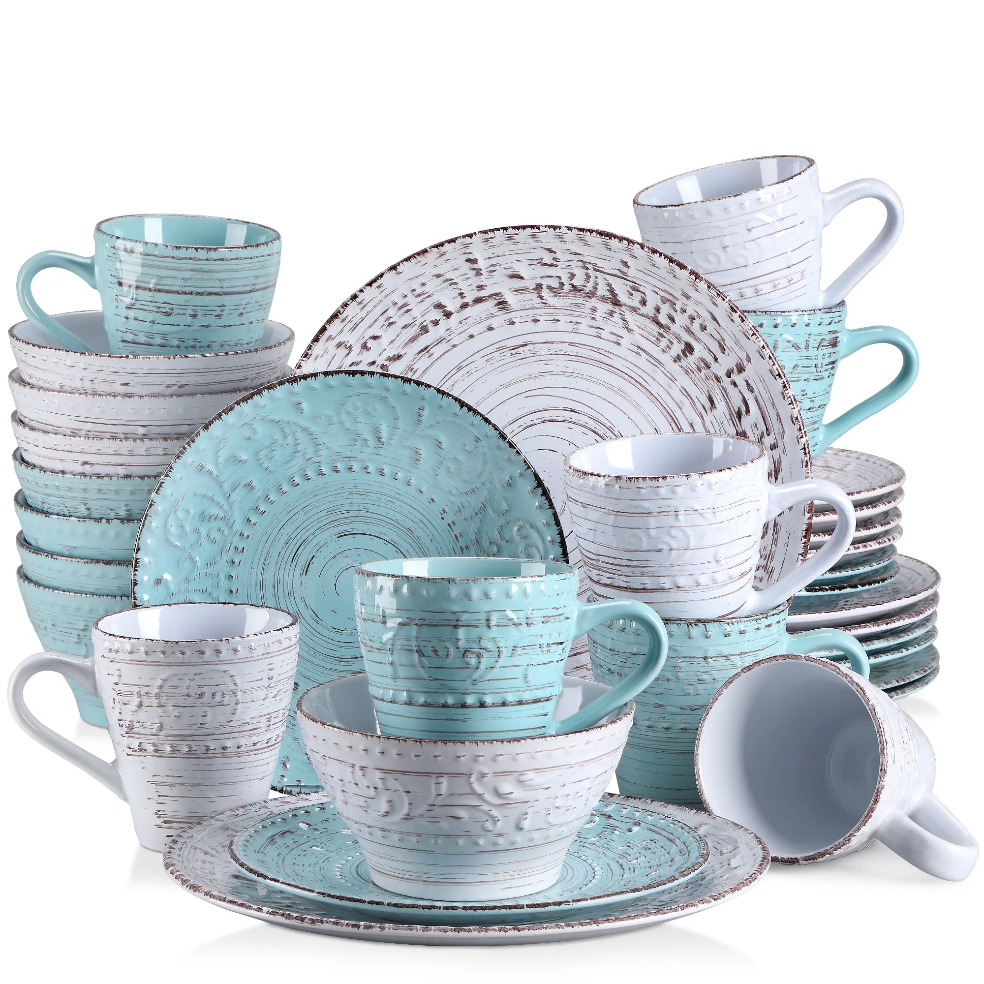 VANCASSO VINE Embossed Stoneware Dinnerware Set – 16/32/48 Pieces, Beige & Blue-Green