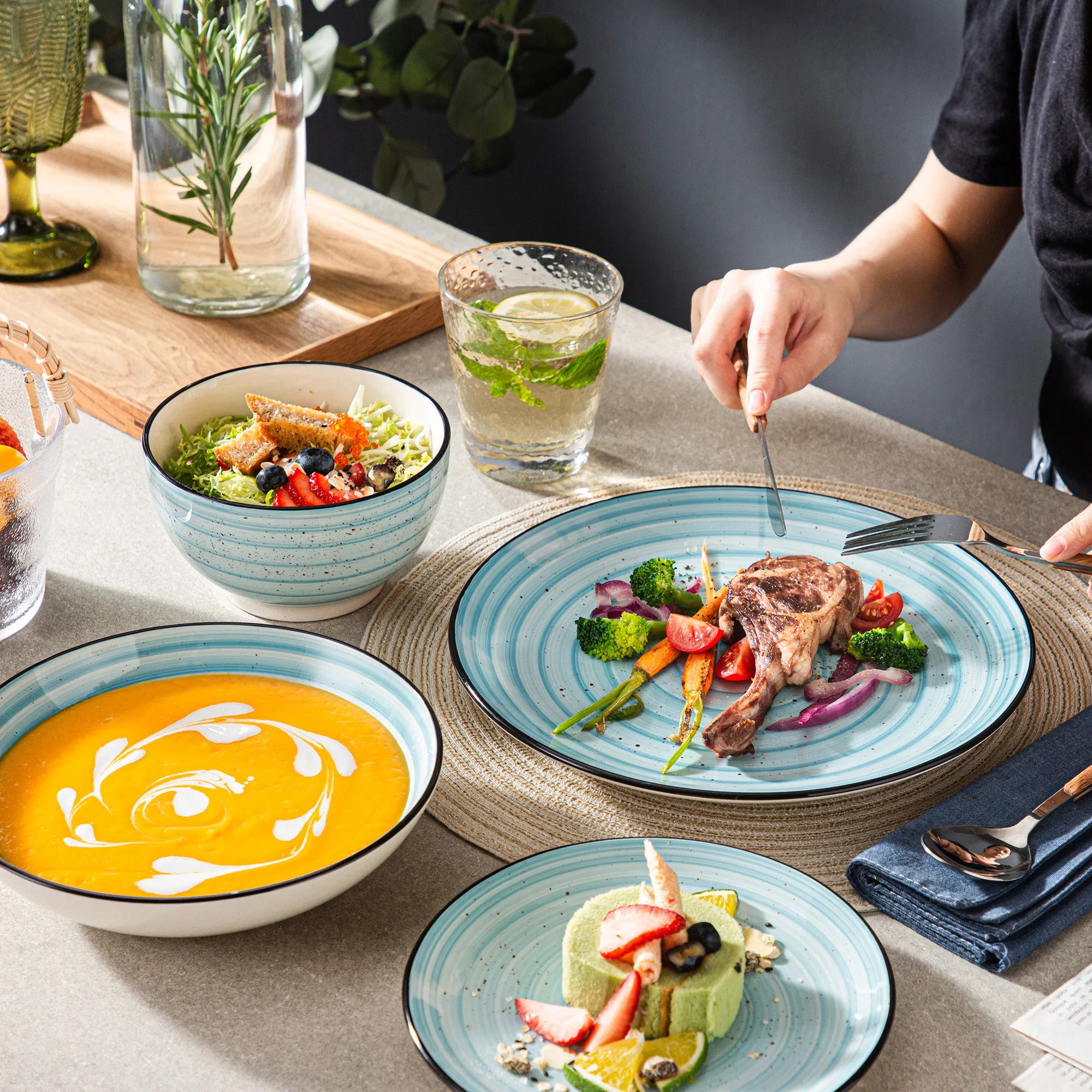 VANCASSO Bonbon Blue Stoneware Dinnerware Set – 24/48 Pieces