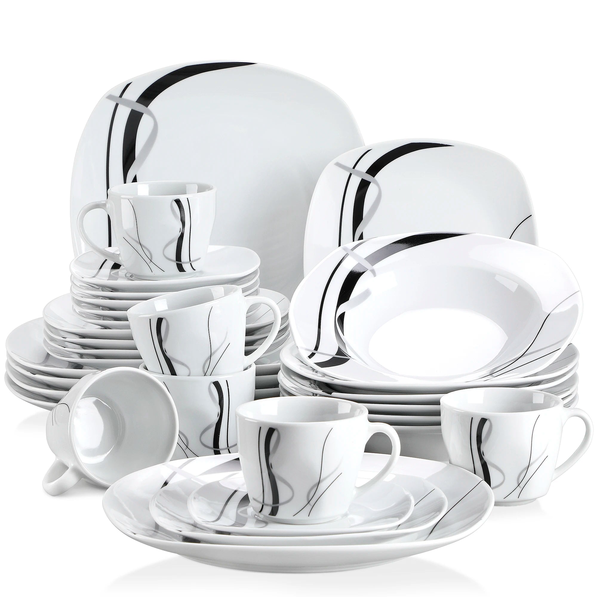 VEWEET Fiona Porcelain Dinnerware Set – 30/60 Pieces, Gray & Black Lines