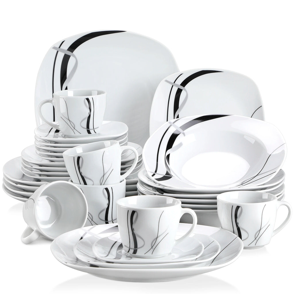 VEWEET Fiona Porcelain Dinnerware Set – 30/60 Pieces, Gray & Black Lines