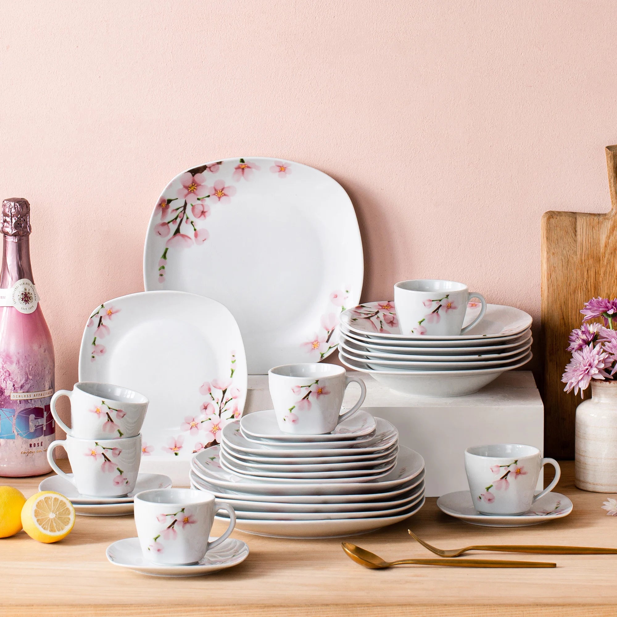 VEWEET Annie 30-Piece Porcelain Dinnerware Set – Pink Floral, Service for 6