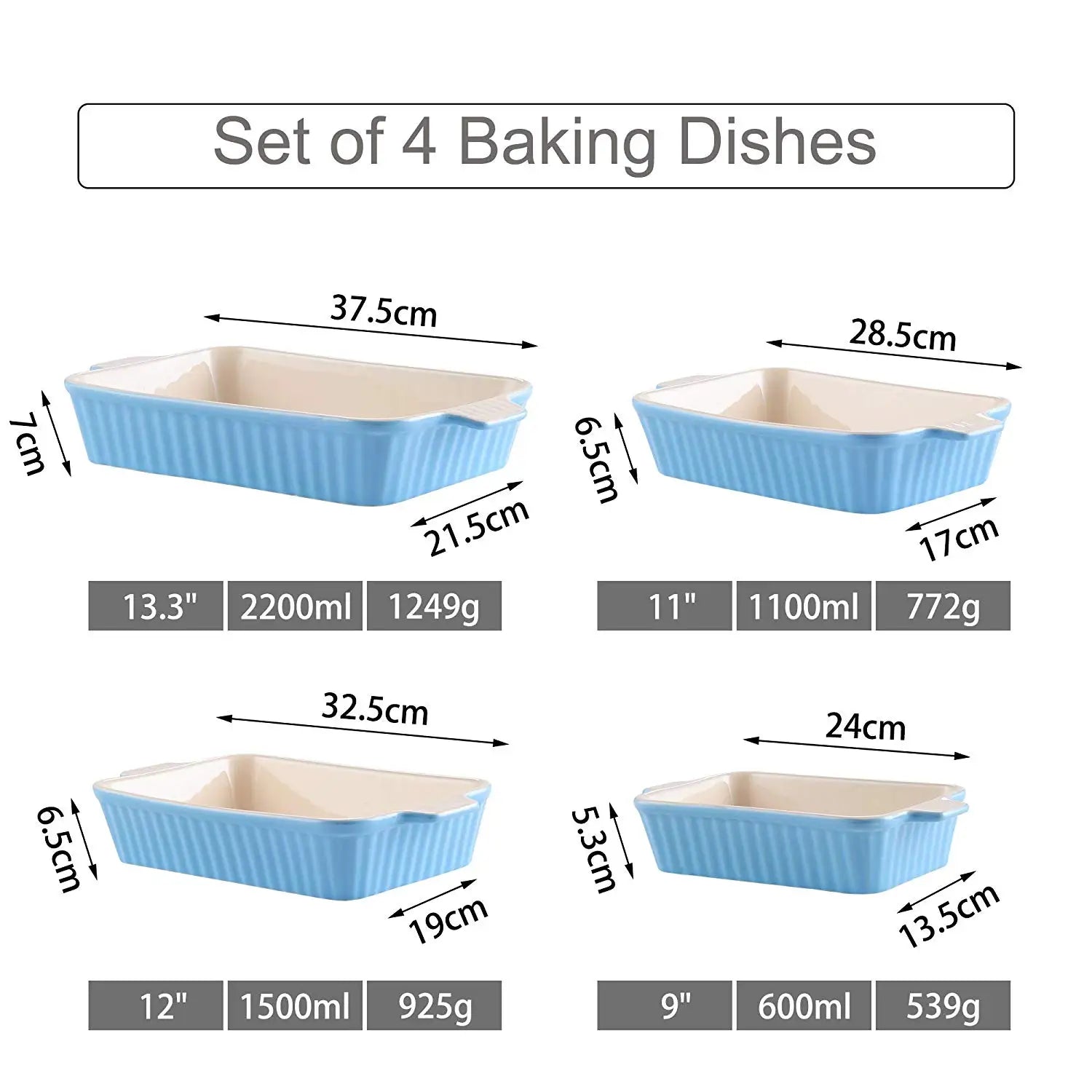 Set of 4 blue baking dishes with measurements on a white background