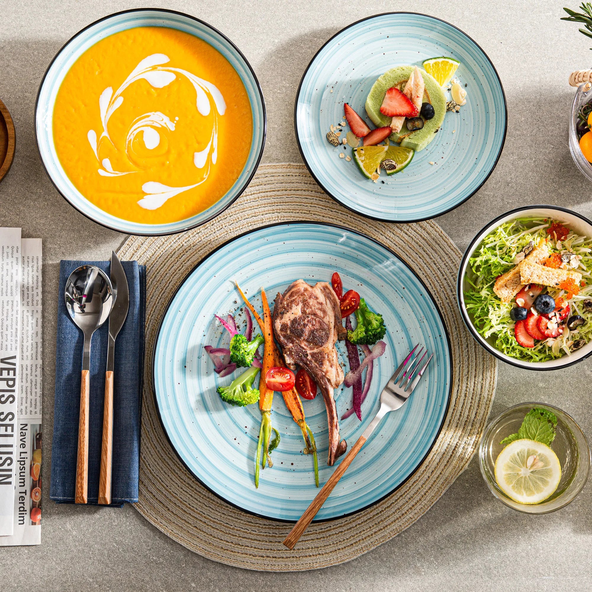 VANCASSO Bonbon Blue Stoneware Dinnerware Set – 24/48 Pieces