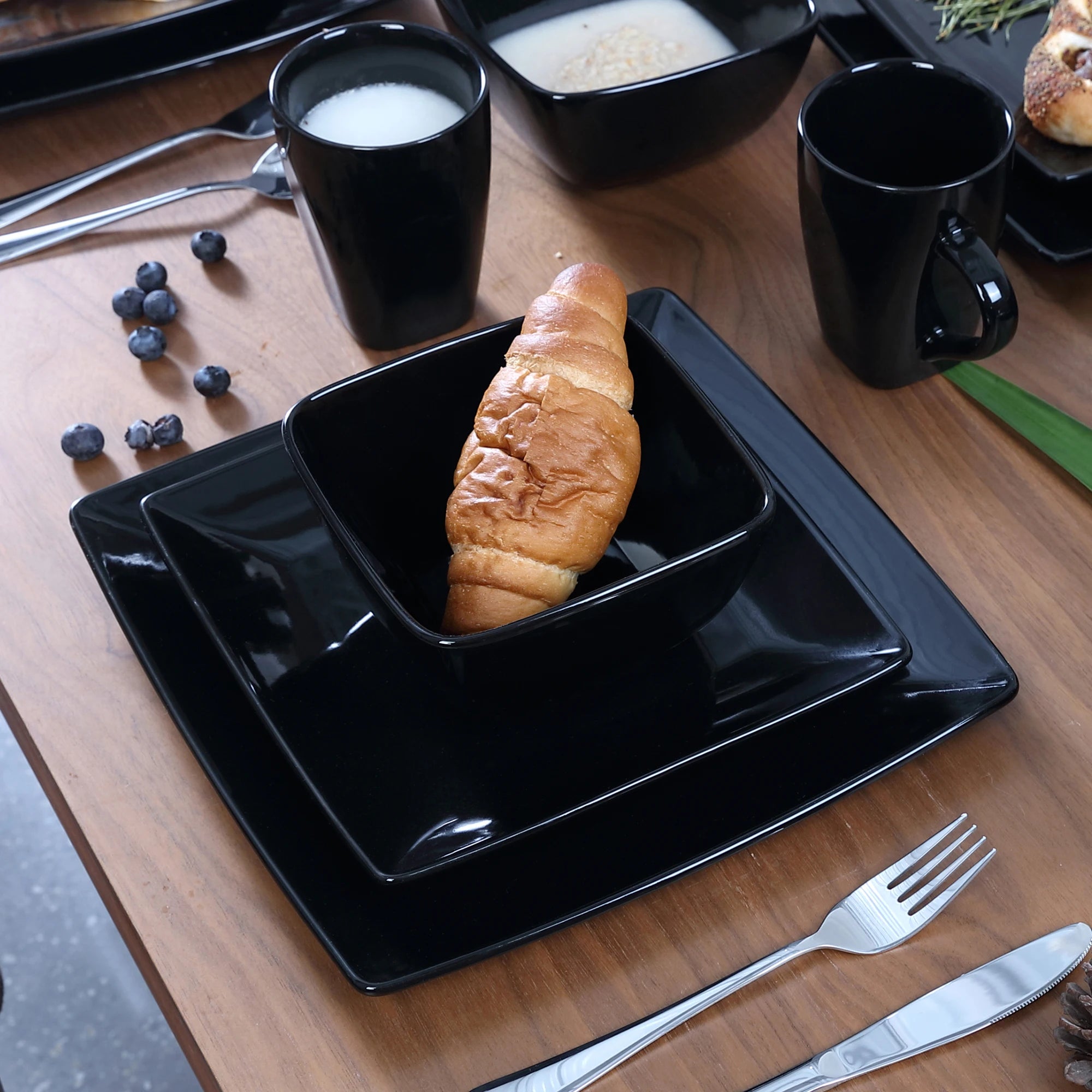 Vancasso SOHO Series Square Black Dinnerware Set with Mugs – 16, 32, or 48 Pieces