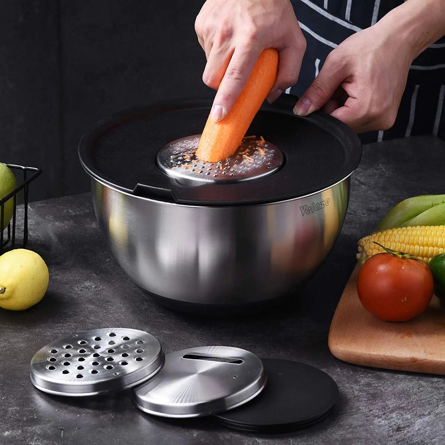 VELAZE Stainless Steel Mixing Bowl Set with Graters and Lids - Non-Slip, Stackable, Versatile Kitchen Bowls