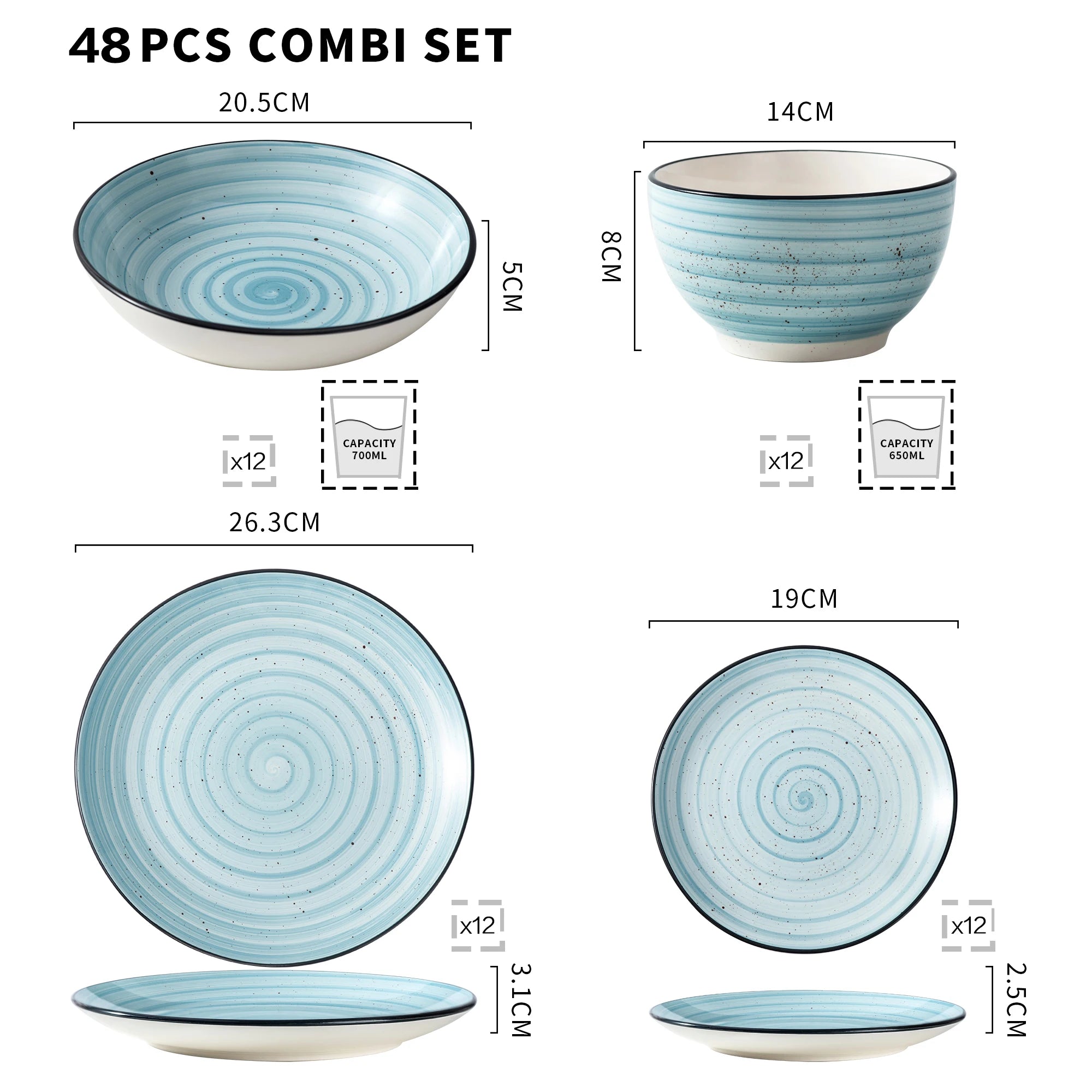 VANCASSO Bonbon Blue Stoneware Dinnerware Set – 24/48 Pieces