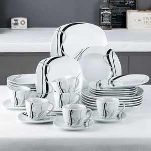VEWEET Fiona Porcelain Dinnerware Set – 30/60 Pieces, Gray & Black Lines