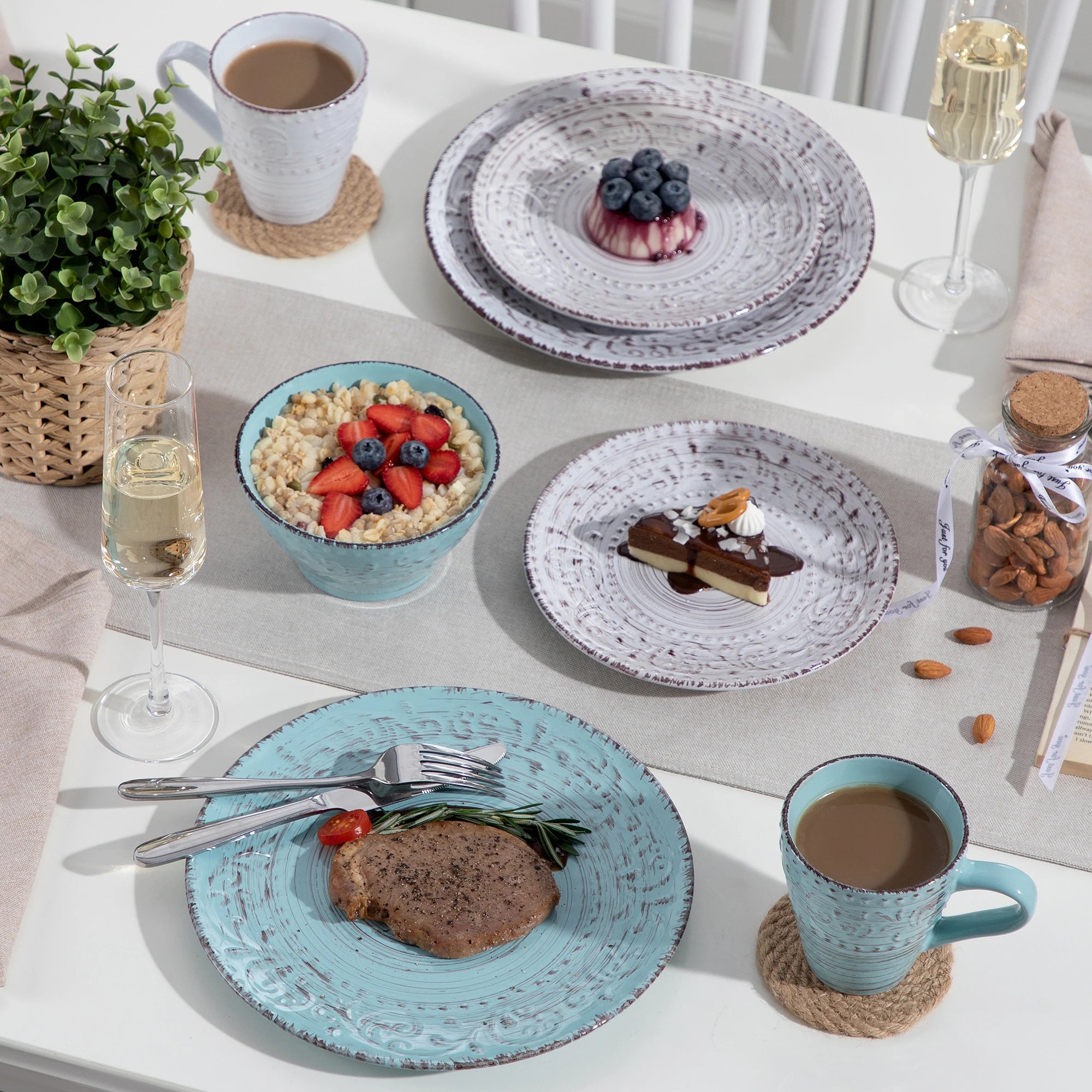 VANCASSO VINE Embossed Stoneware Dinnerware Set – 16/32/48 Pieces, Beige & Blue-Green
