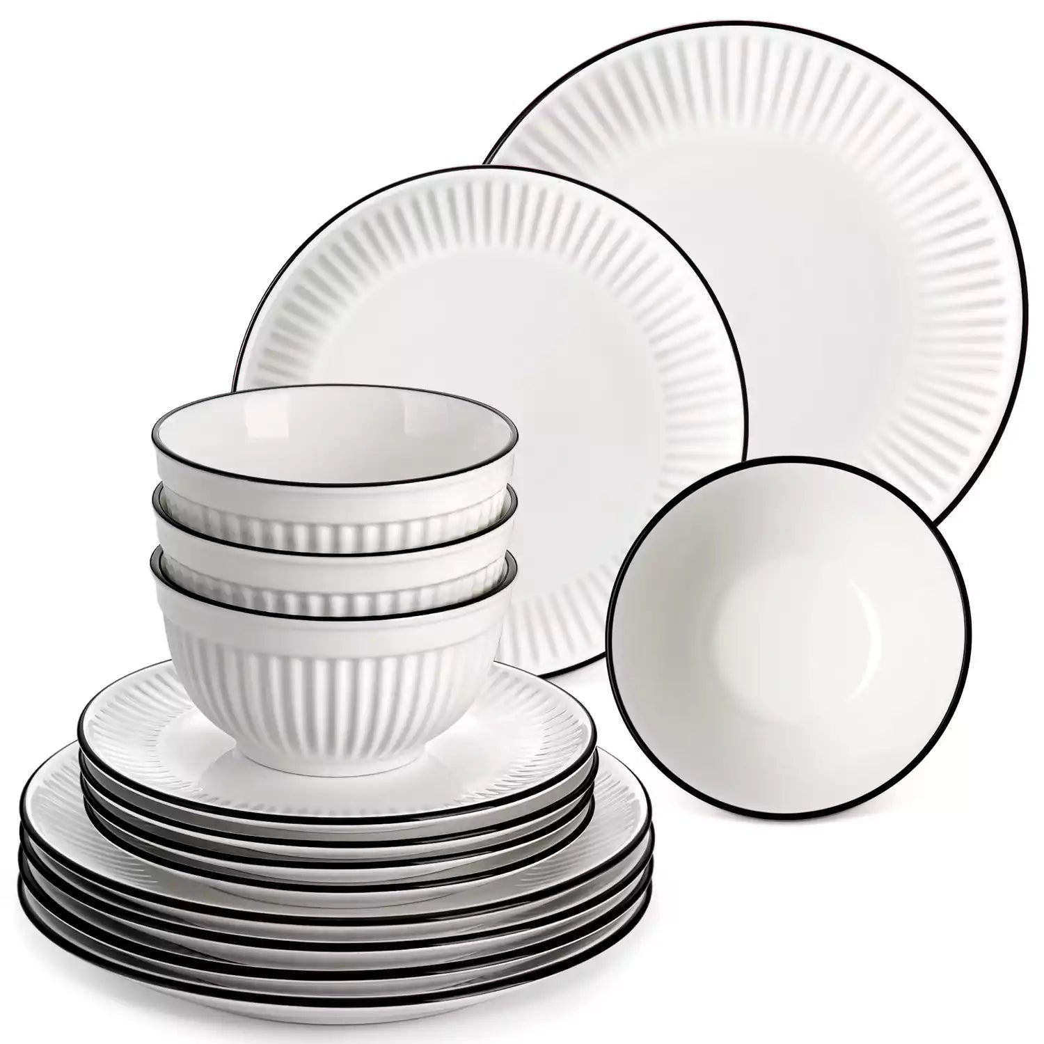 MALACASA LEILA Porcelain Dinnerware Set – White or White with Black Rim, 12–32 Pieces