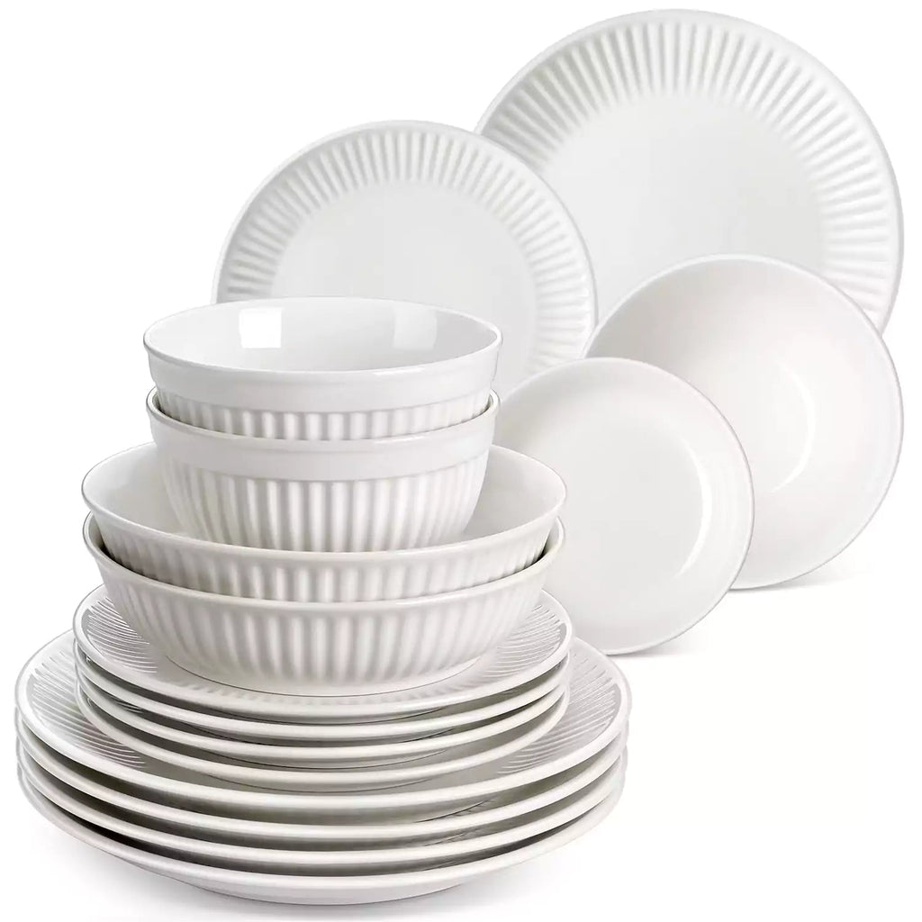 MALACASA LEILA Porcelain Dinnerware Set – White or White with Black Rim, 12–32 Pieces