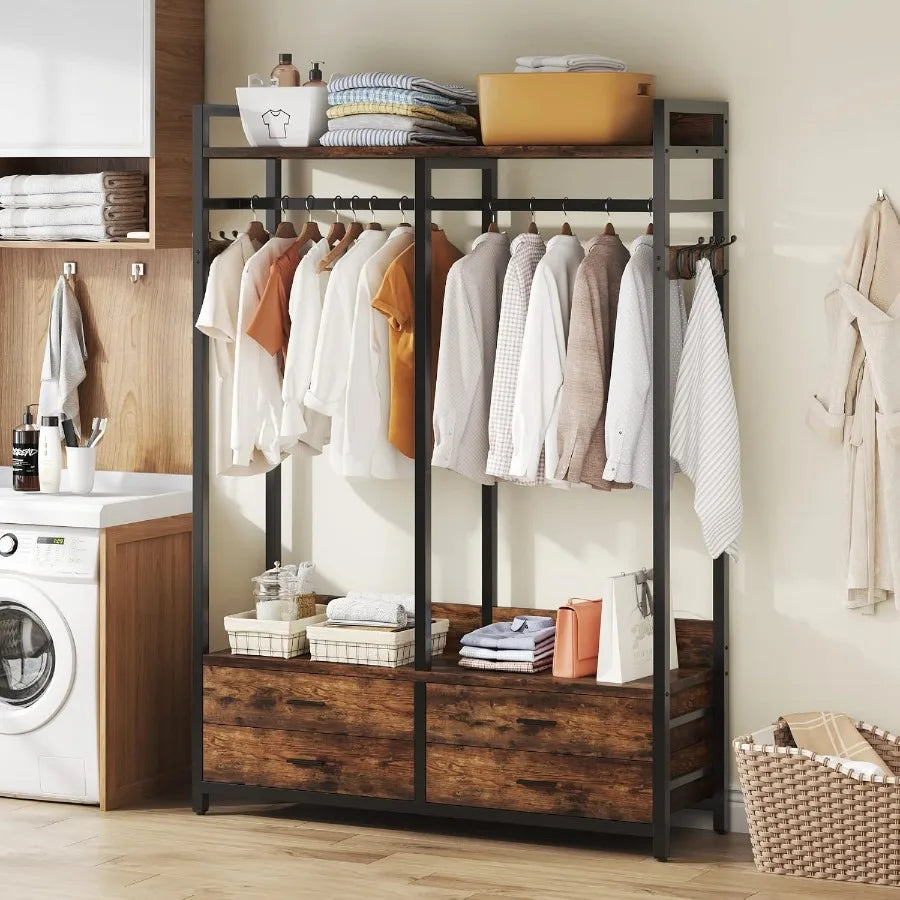 Rustic-brown closet organizer in a laundry room, with hanging clothes, folded towels, and side hooks.