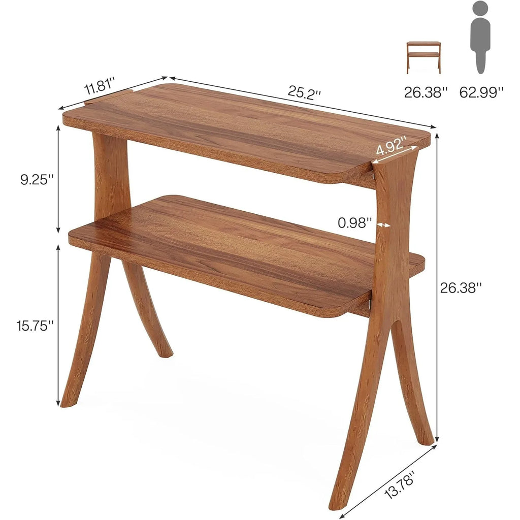 Wooden side table with dimensions labeled on a white background