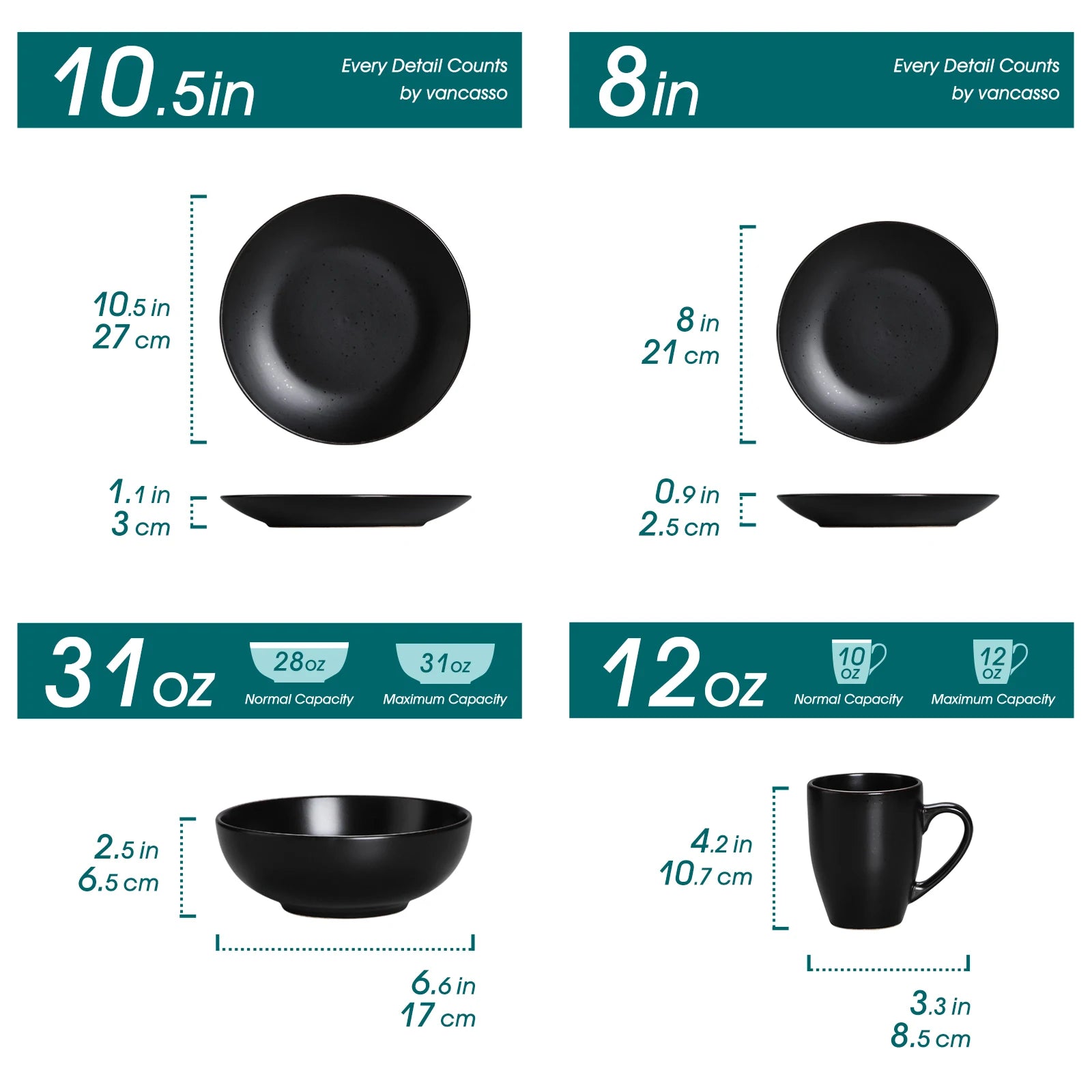 VANCASSO MODA Black Dinnerware – 16/32/48 Pieces