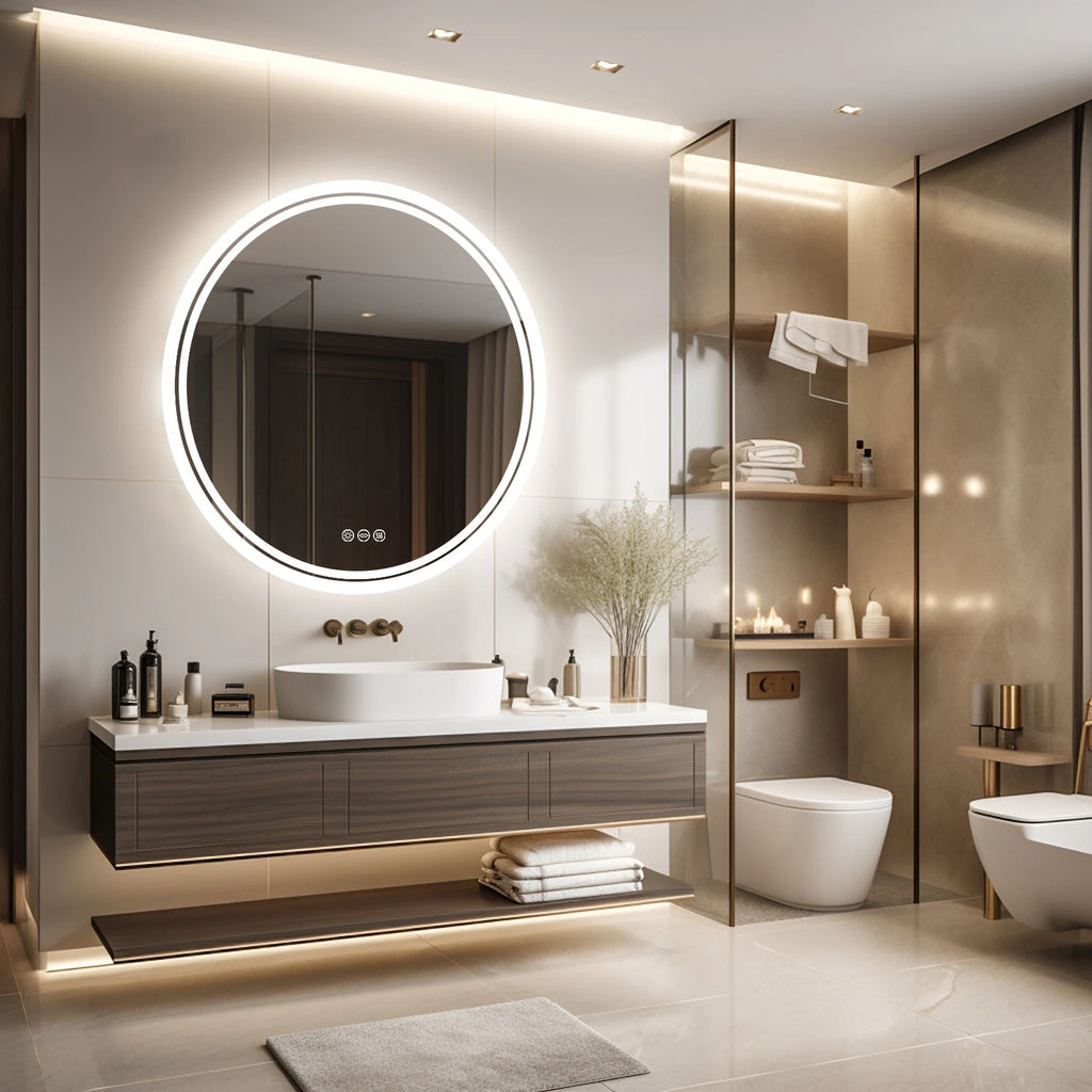 Round LED Bathroom Mirror with Backlit Lighting & Anti-Fog