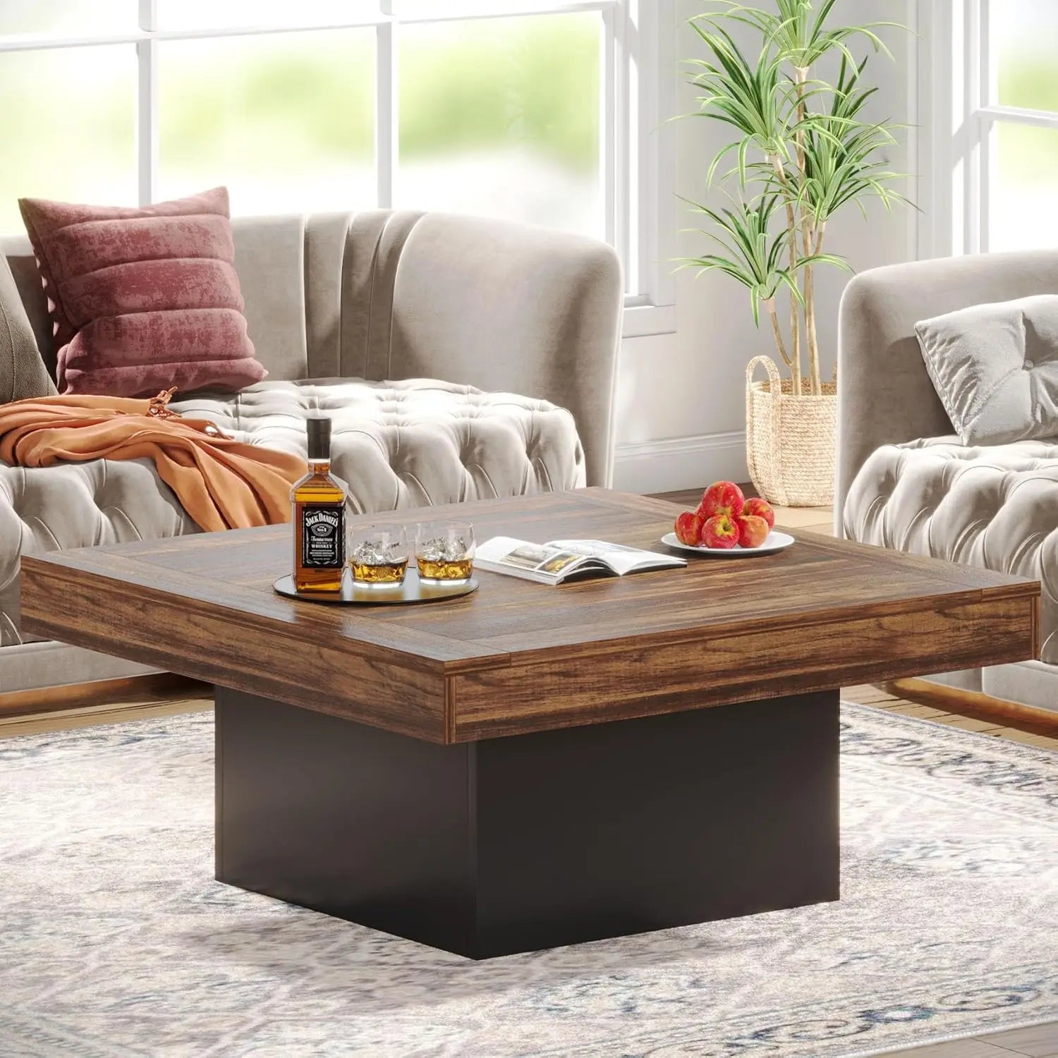 Square Farmhouse Coffee Table with LED Light