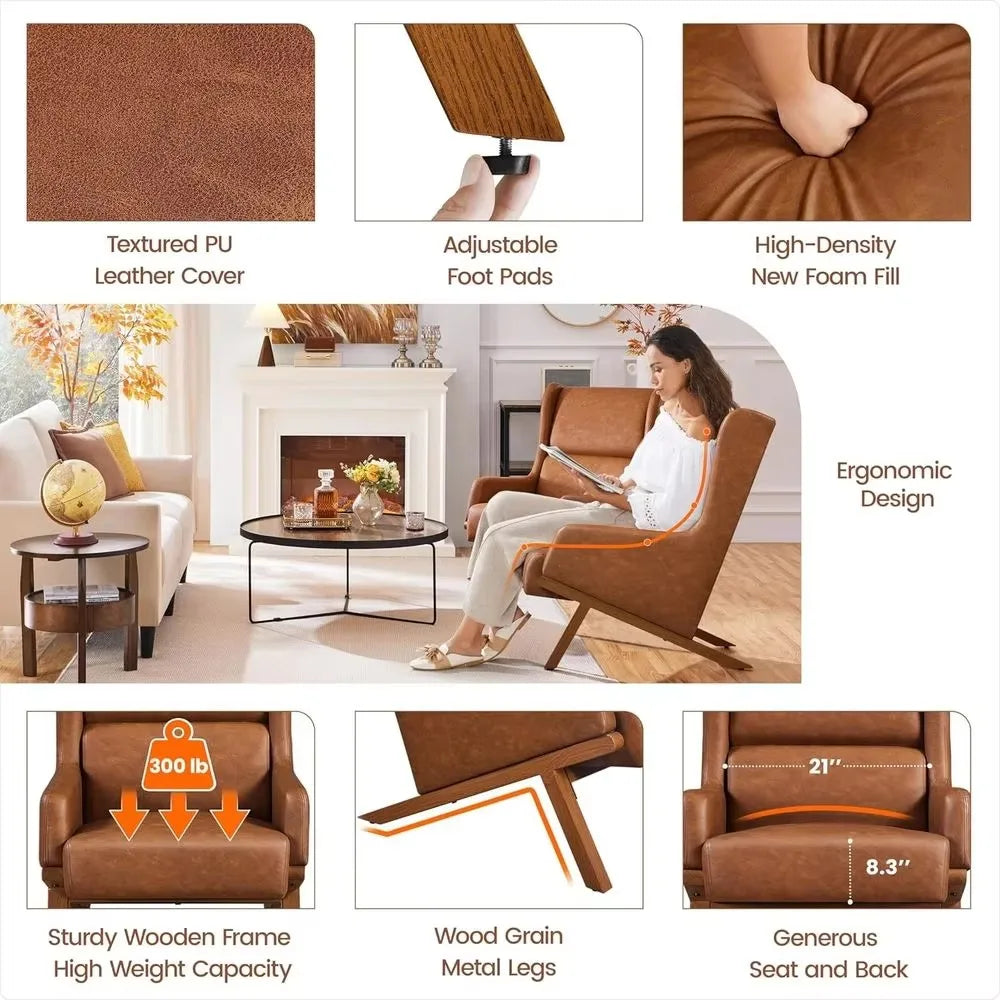 Brondelle detail card showing PU faux leather, foam cushioning, wood frame and wood-grain-finished metal legs