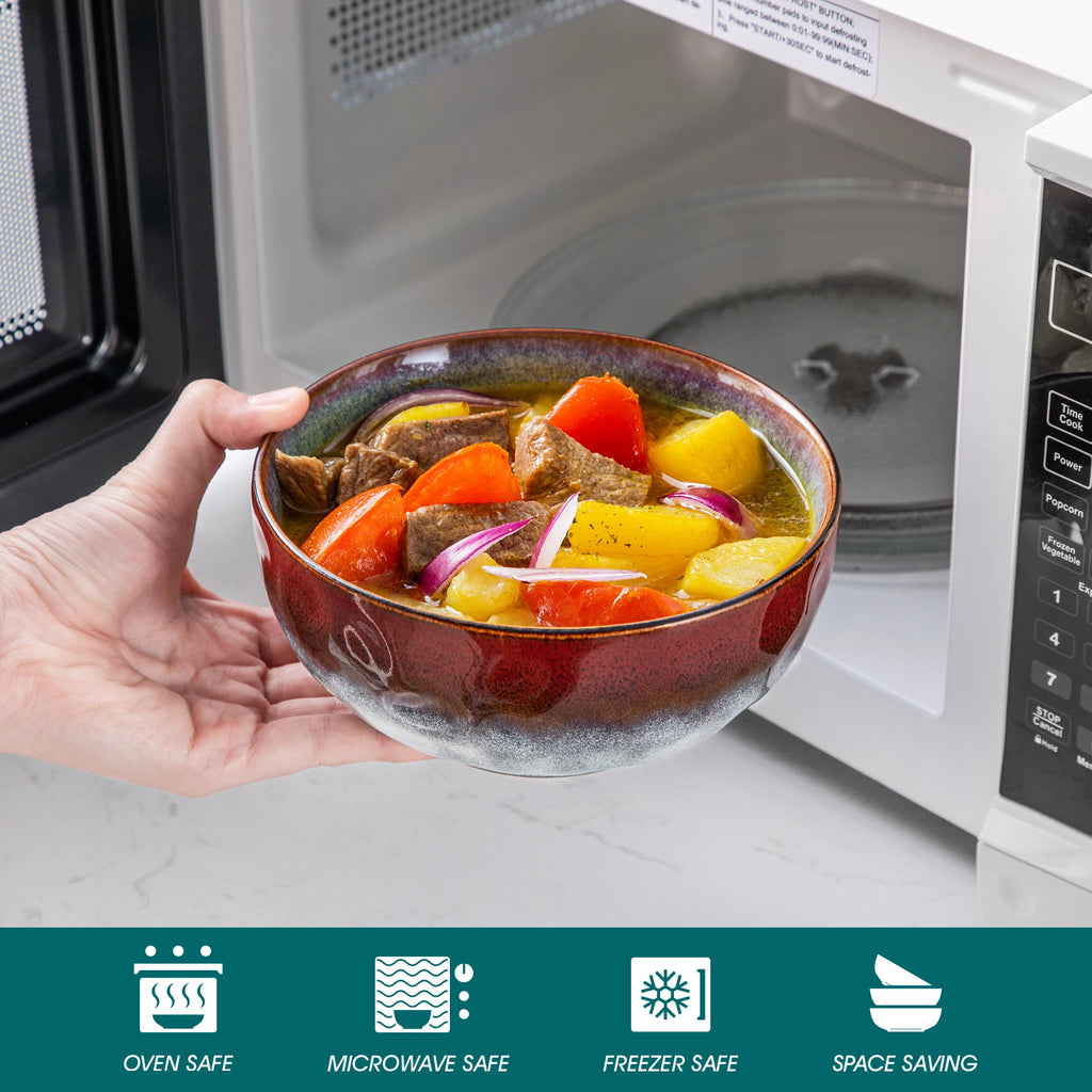 Hand holding a red and gray bowl of stew beside an open microwave, above appliance-use symbols.