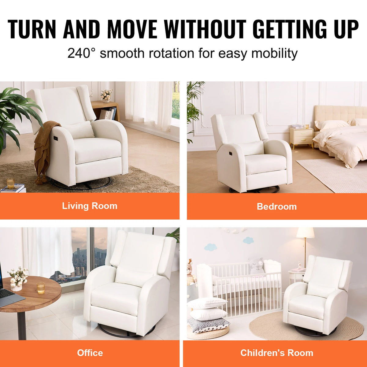 Four room scenes show an off-white recliner in living, bedroom, office and nursery settings beneath a 240-degree rotation label.