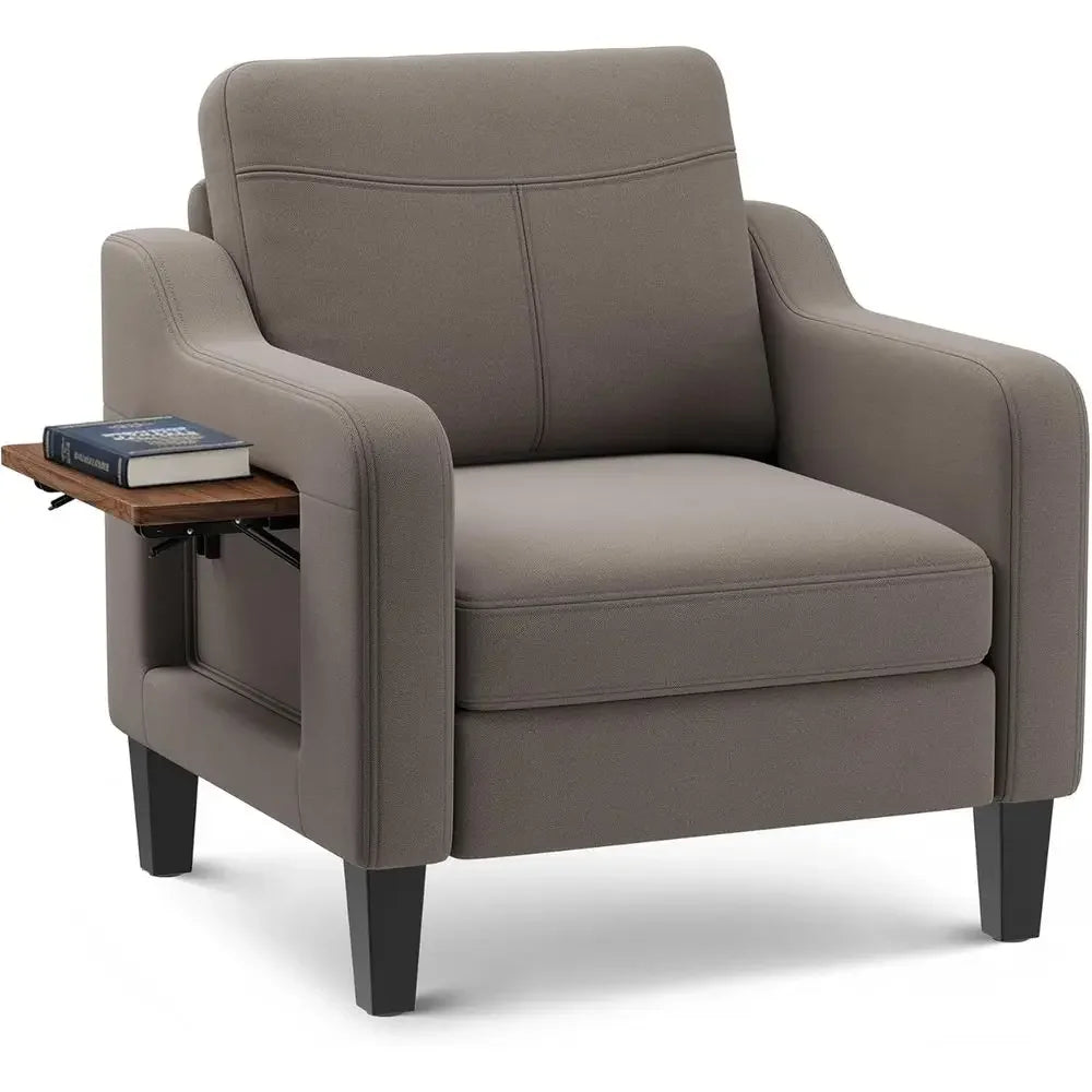 Morrowrest warm-neutral accent chair with wood-look fold-out tray extended