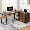 Prismveil warm wood-grain L-shaped computer desk with three drawers and open shelves