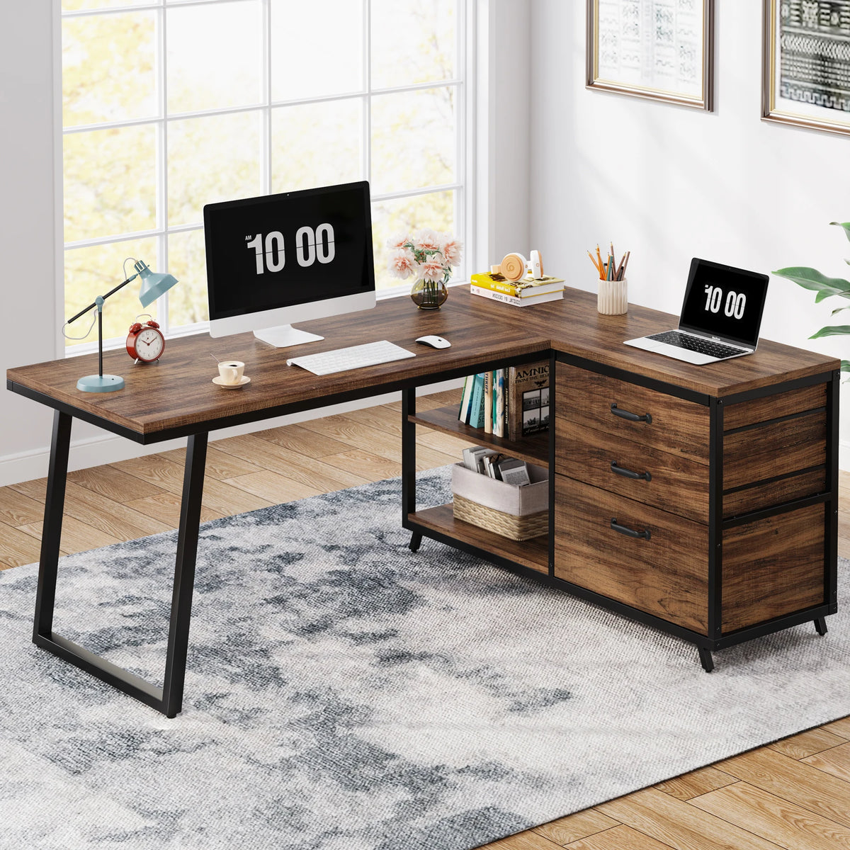 Prismveil warm wood-grain L-shaped computer desk with three drawers and open shelves