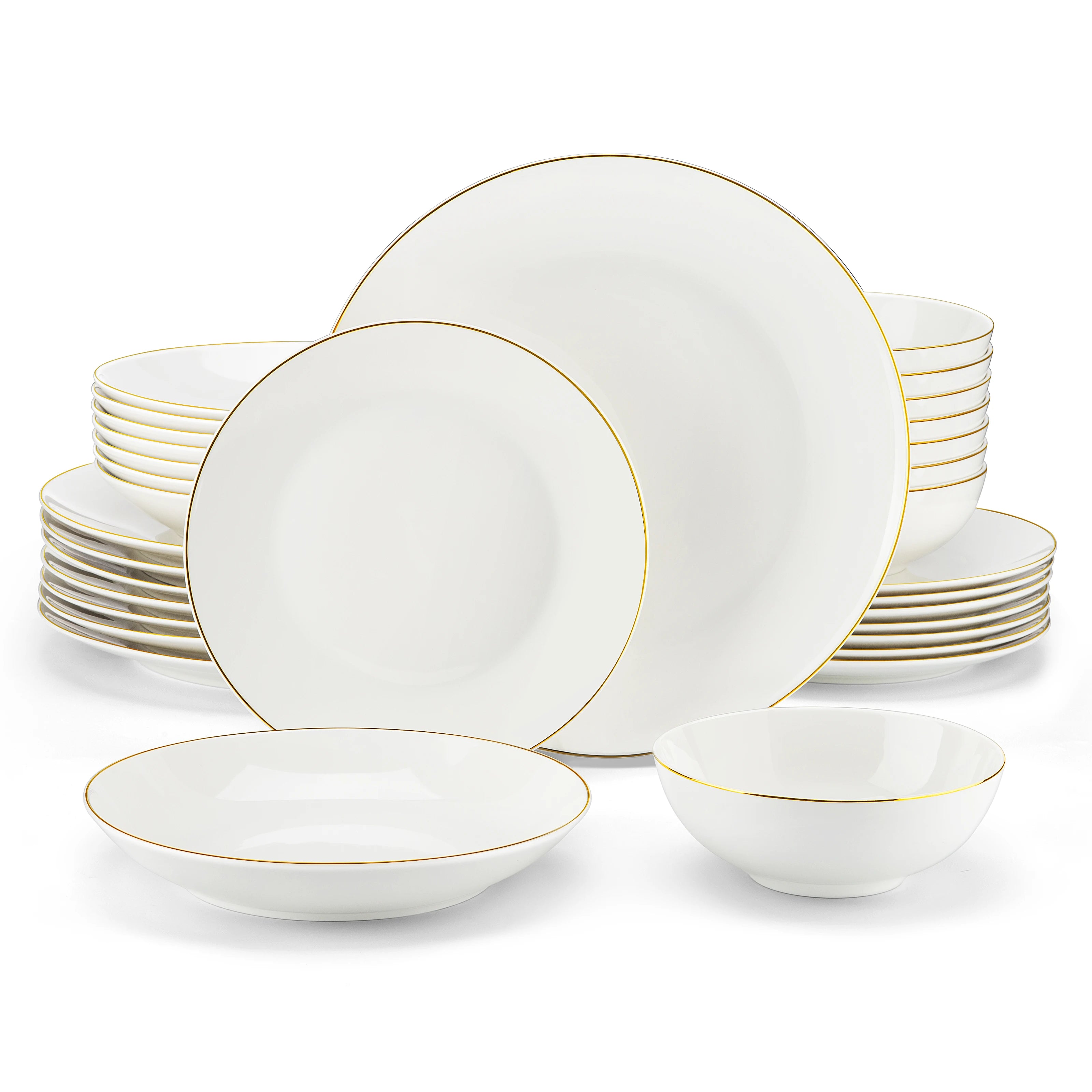 MALACASA Jera Gold Trim - Round Bone China Dinnerware Set - 16 or 32 Pieces