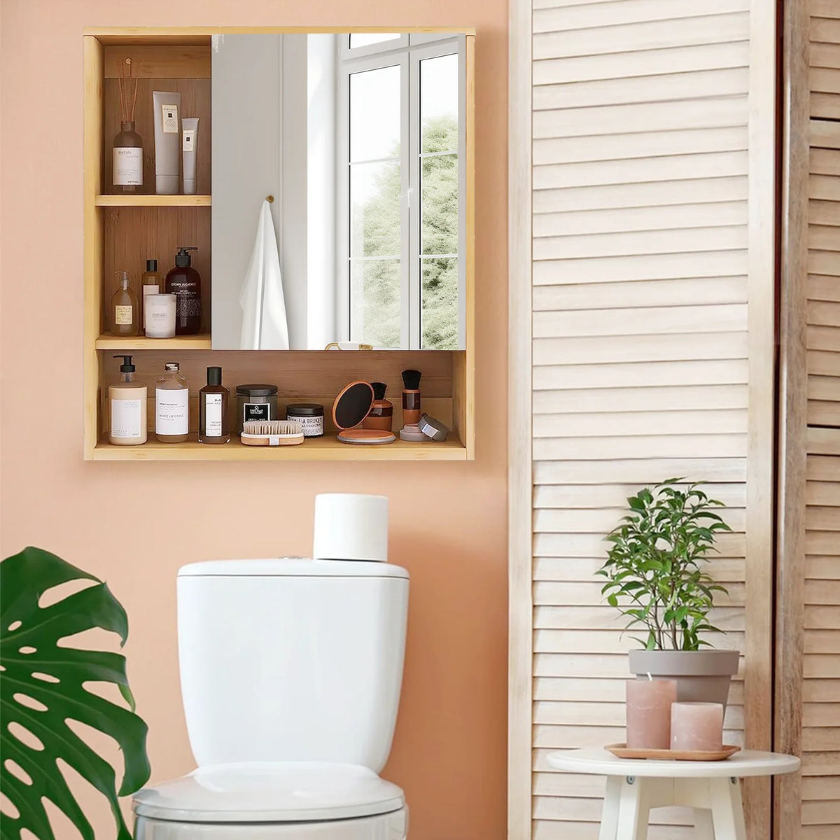 Charmline natural-finish mirrored wall cabinet with two open side cubbies and a bottom shelf