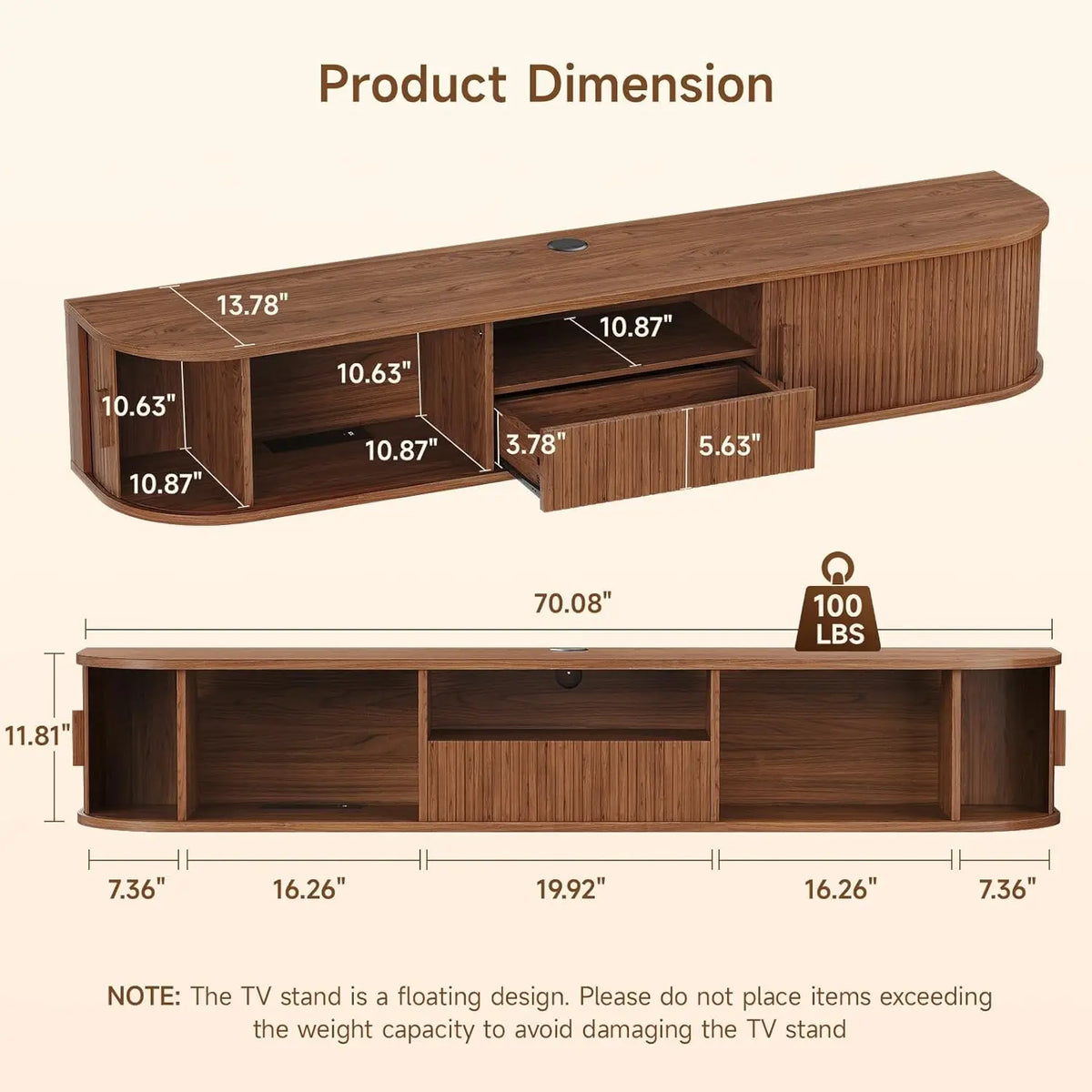 Melodyhalo dimension graphic showing 70.08-inch width, 13.78-inch depth, 11.81-inch cabinet height, and a load limit of 100 lbs.