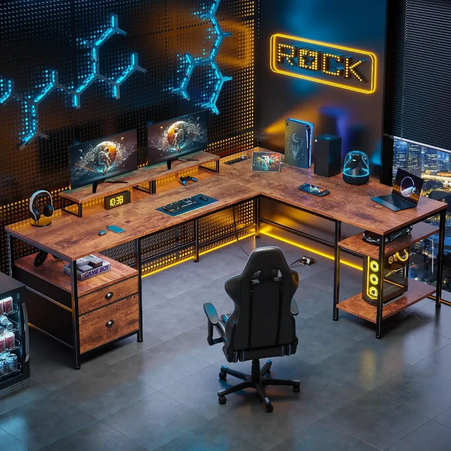 Gaming setup on a rustic wood-look L desk with open computer shelving
